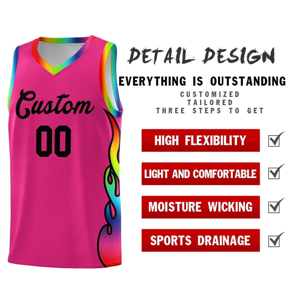 Custom Rose Red Side Flame Pattern Fashion Sports Uniform Basketball Jersey