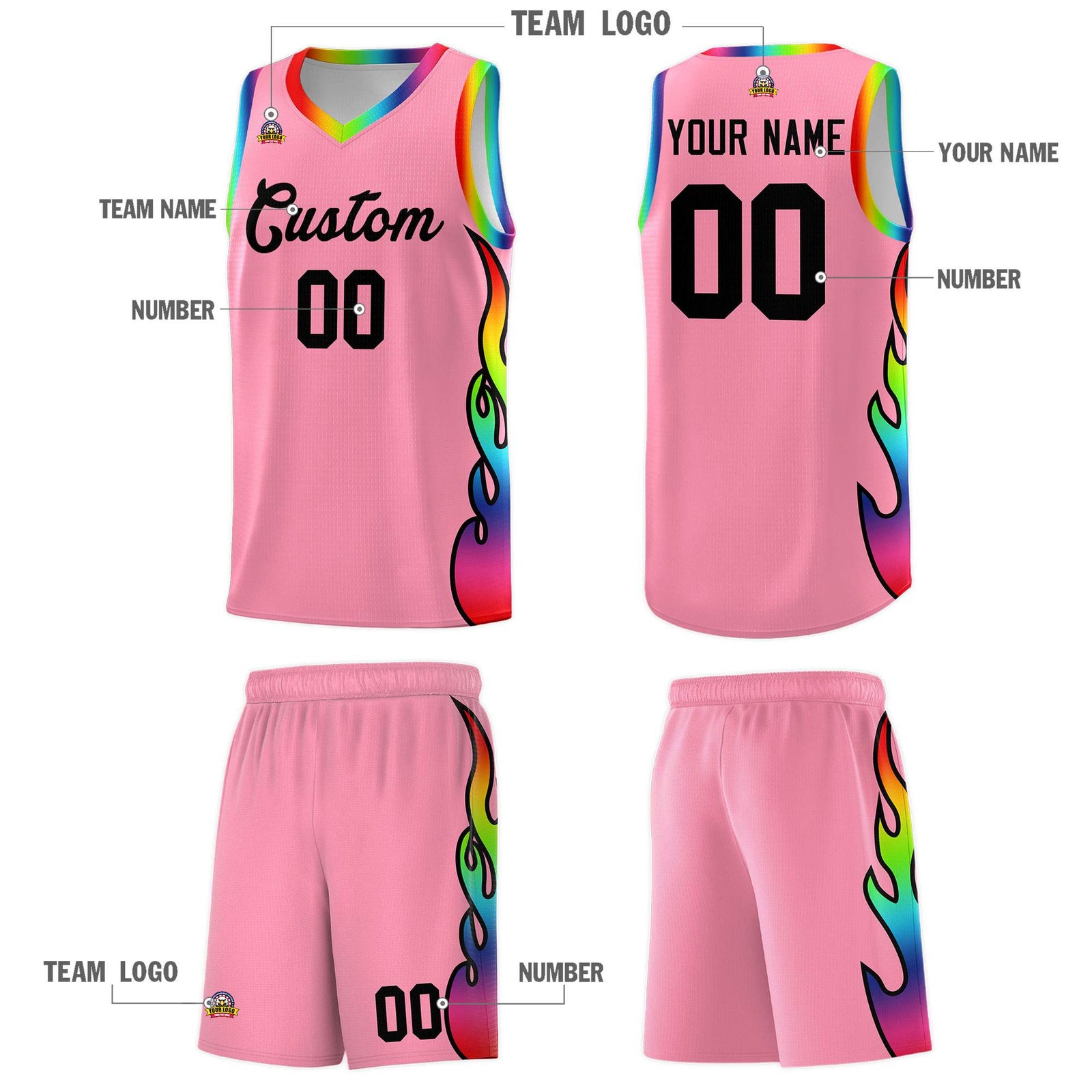 Custom Light Pink Side Flame Pattern Fashion Sports Uniform Basketball Jersey