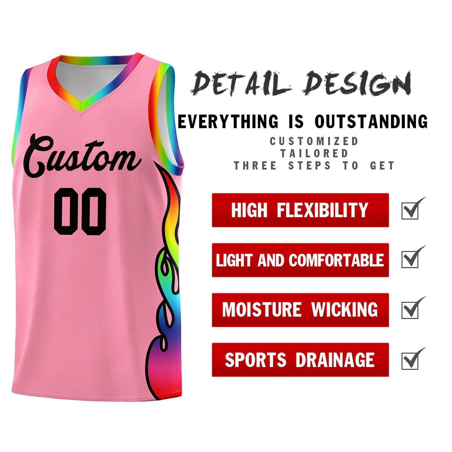Custom Light Pink Side Flame Pattern Fashion Sports Uniform Basketball Jersey