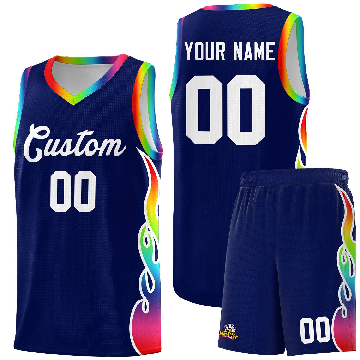 Custom Navy Side Flame Pattern Fashion Sports Uniform Basketball Jersey