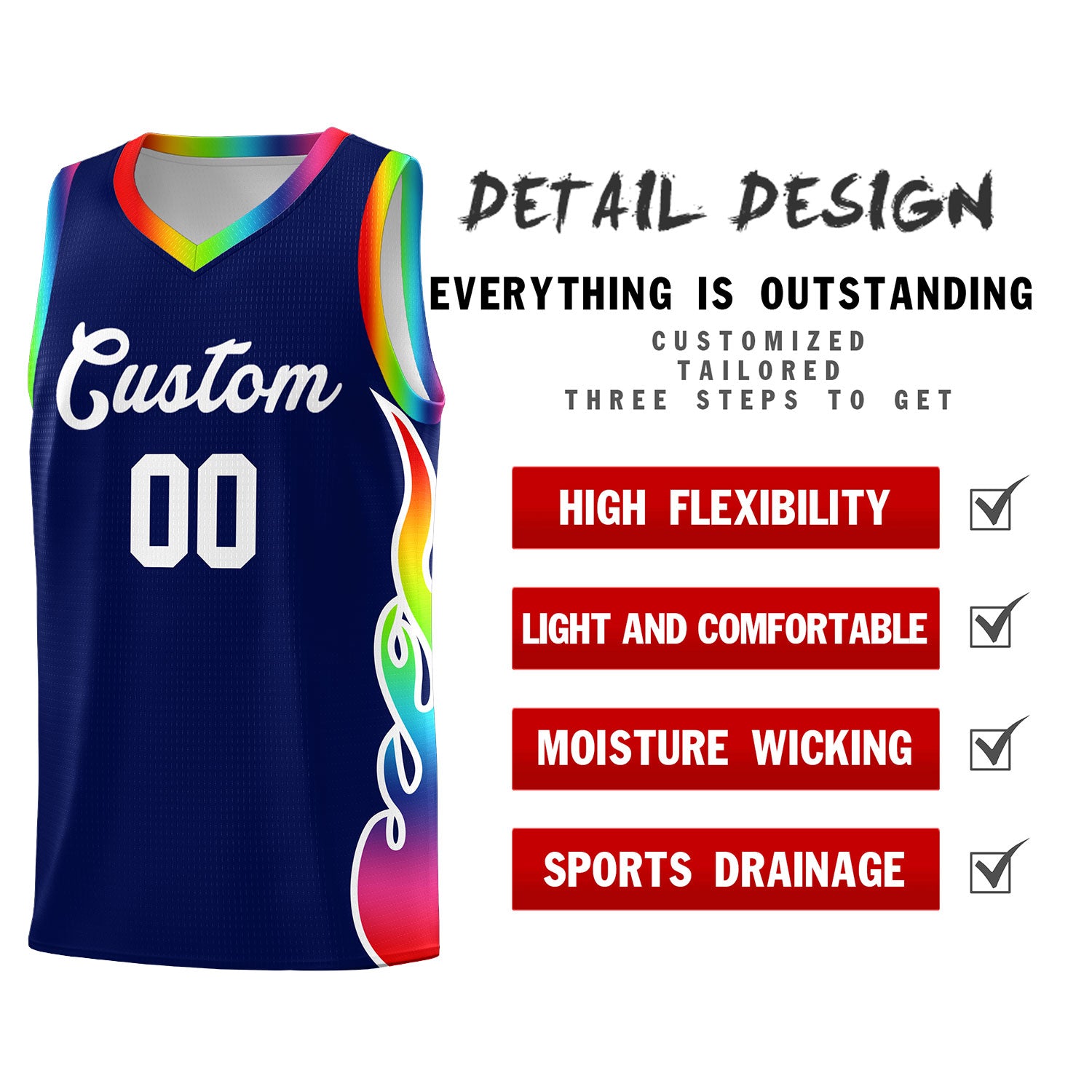 Custom Navy Side Flame Pattern Fashion Sports Uniform Basketball Jersey