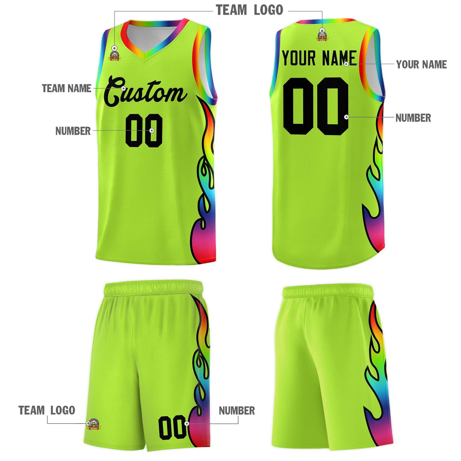 Custom Neon Green Side Flame Pattern Fashion Sports Uniform Basketball Jersey