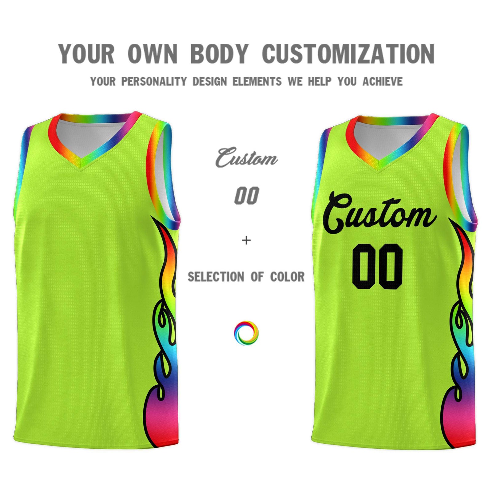 Custom Neon Green Side Flame Pattern Fashion Sports Uniform Basketball Jersey