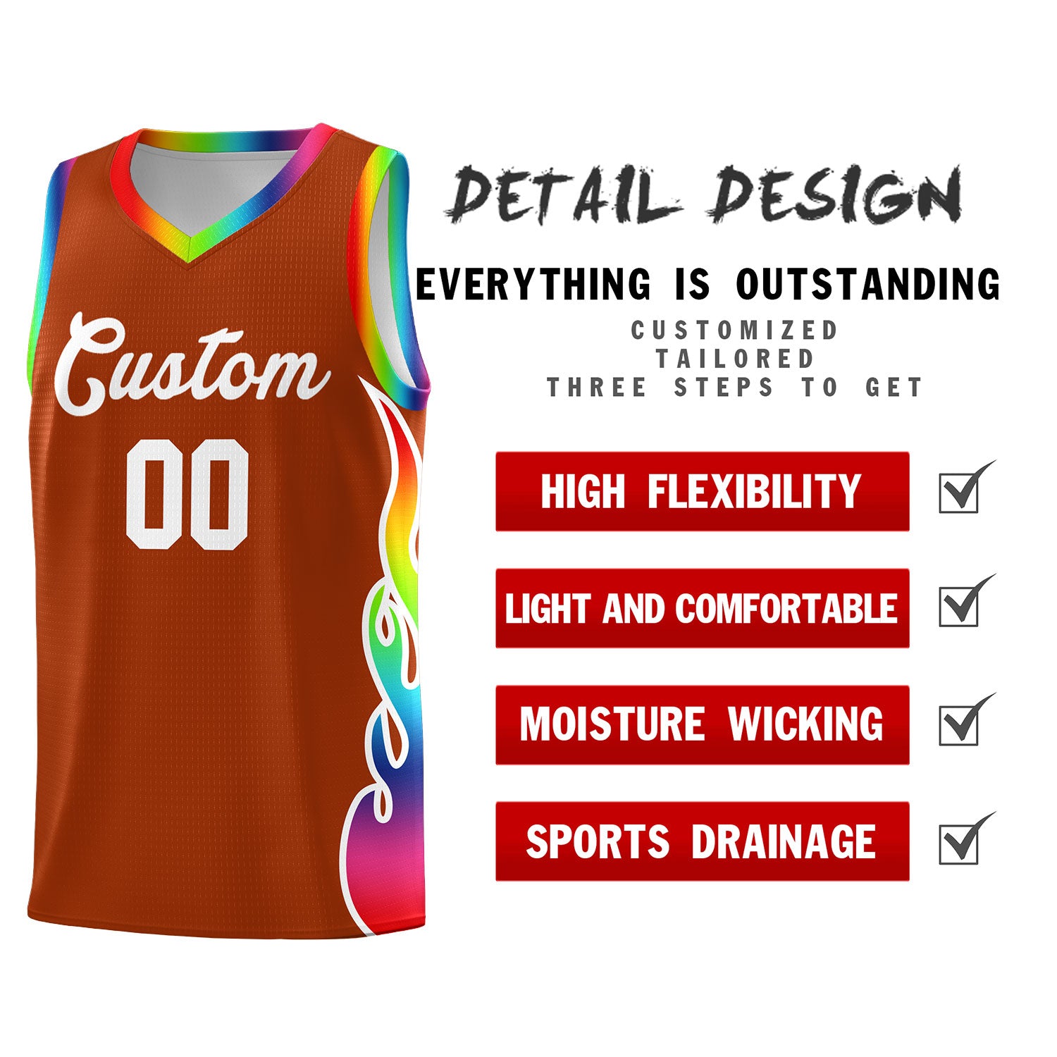 Custom Texas Orange Side Flame Pattern Fashion Sports Uniform Basketball Jersey