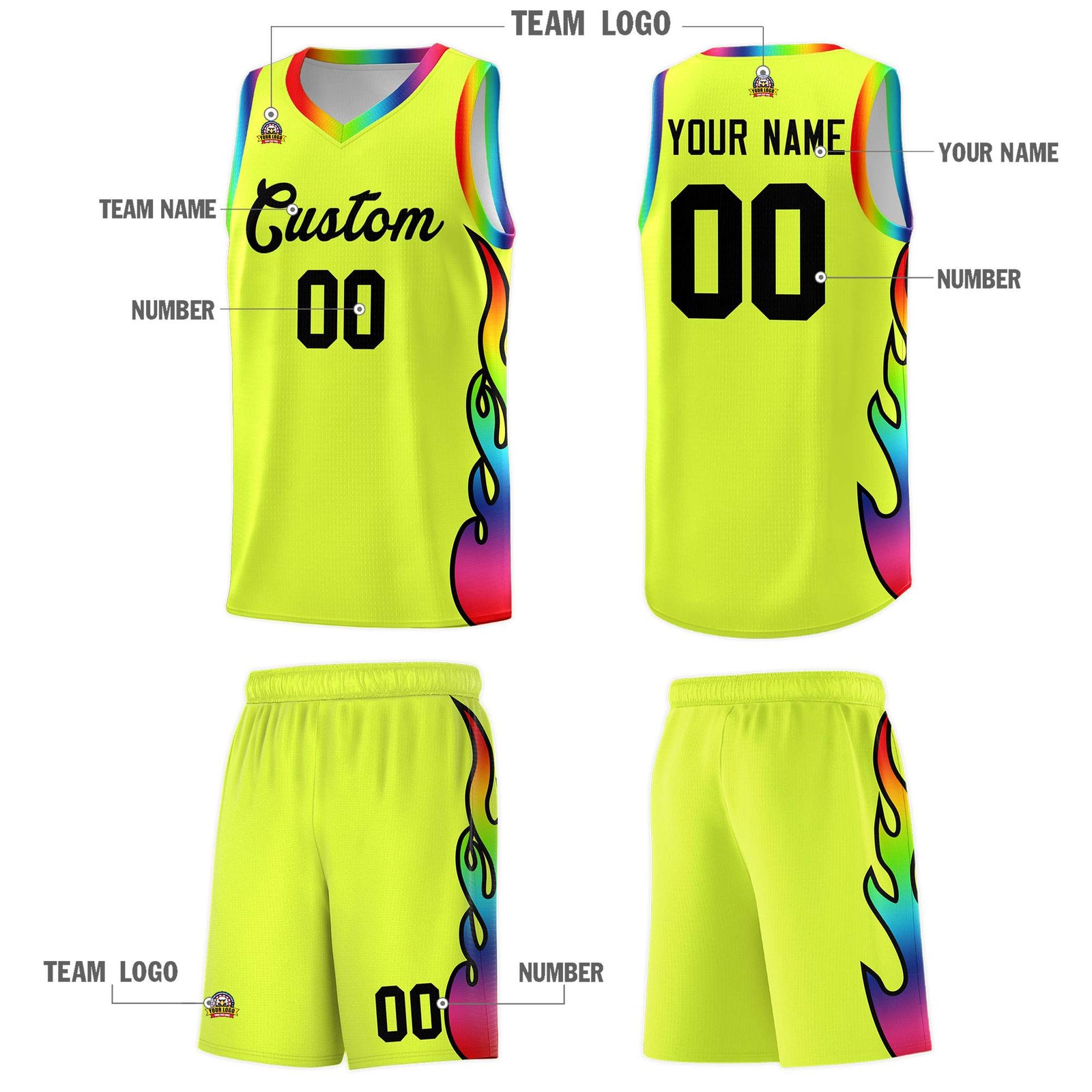 Custom Fluorescent Green Side Flame Pattern Fashion Sports Uniform Basketball Jersey
