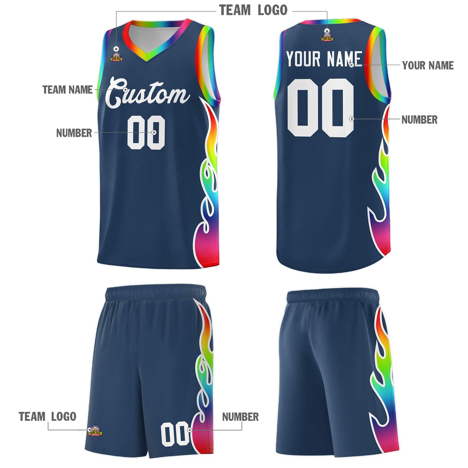 Custom Midnight Blue Side Flame Pattern Fashion Sports Uniform Basketball Jersey