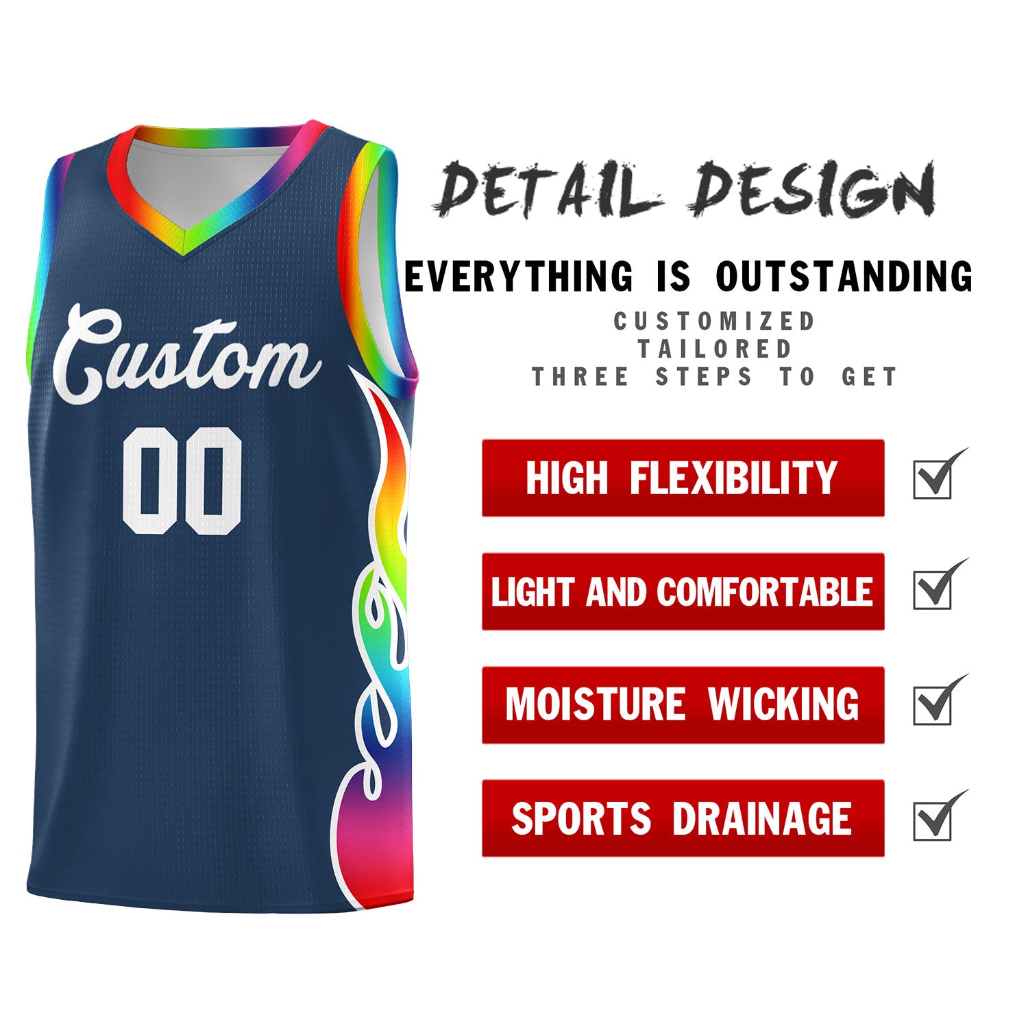 Custom Midnight Blue Side Flame Pattern Fashion Sports Uniform Basketball Jersey