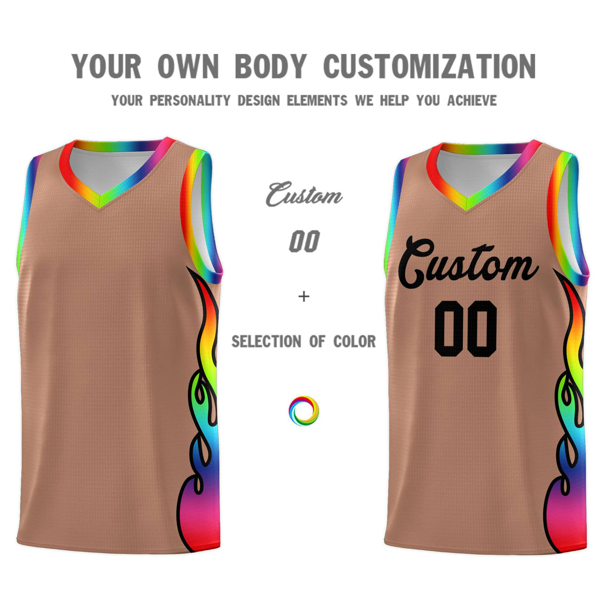 Custom Light Brown Side Flame Pattern Fashion Sports Uniform Basketball Jersey