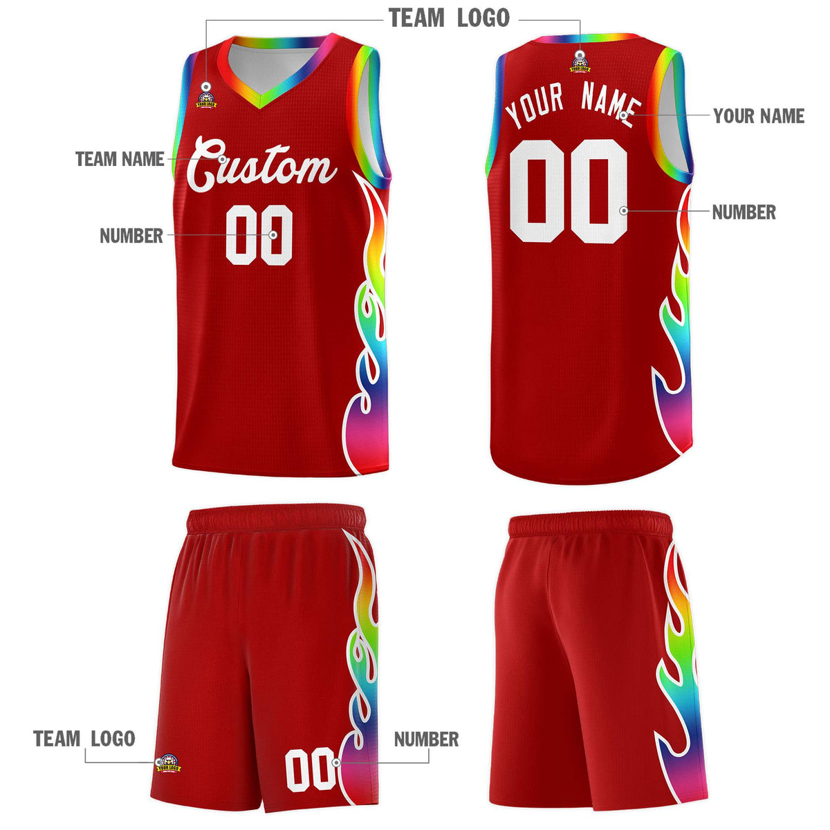 Custom Red Side Flame Pattern Fashion Sports Uniform Basketball Jersey