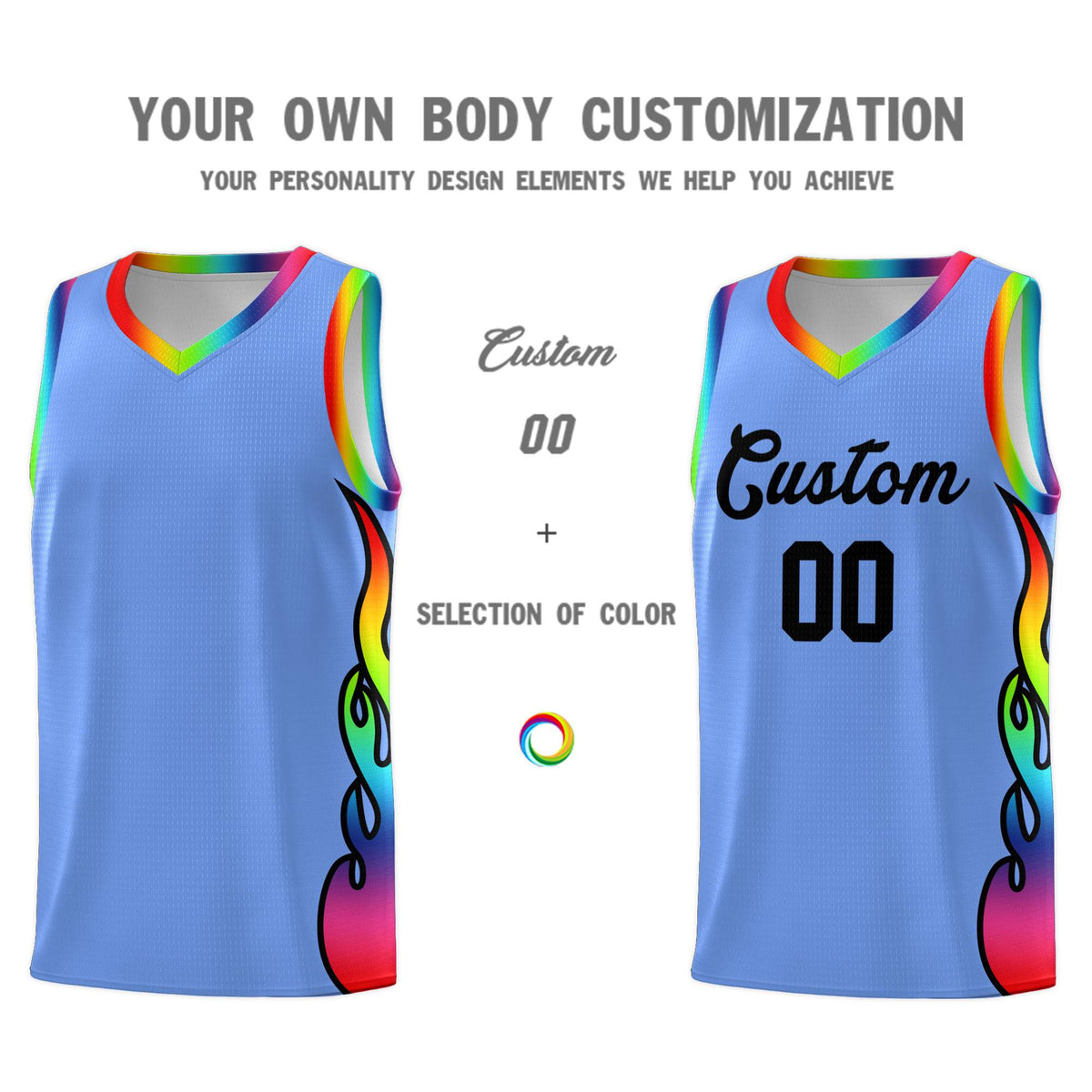 Custom Light Blue Side Flame Pattern Fashion Sports Uniform Basketball Jersey