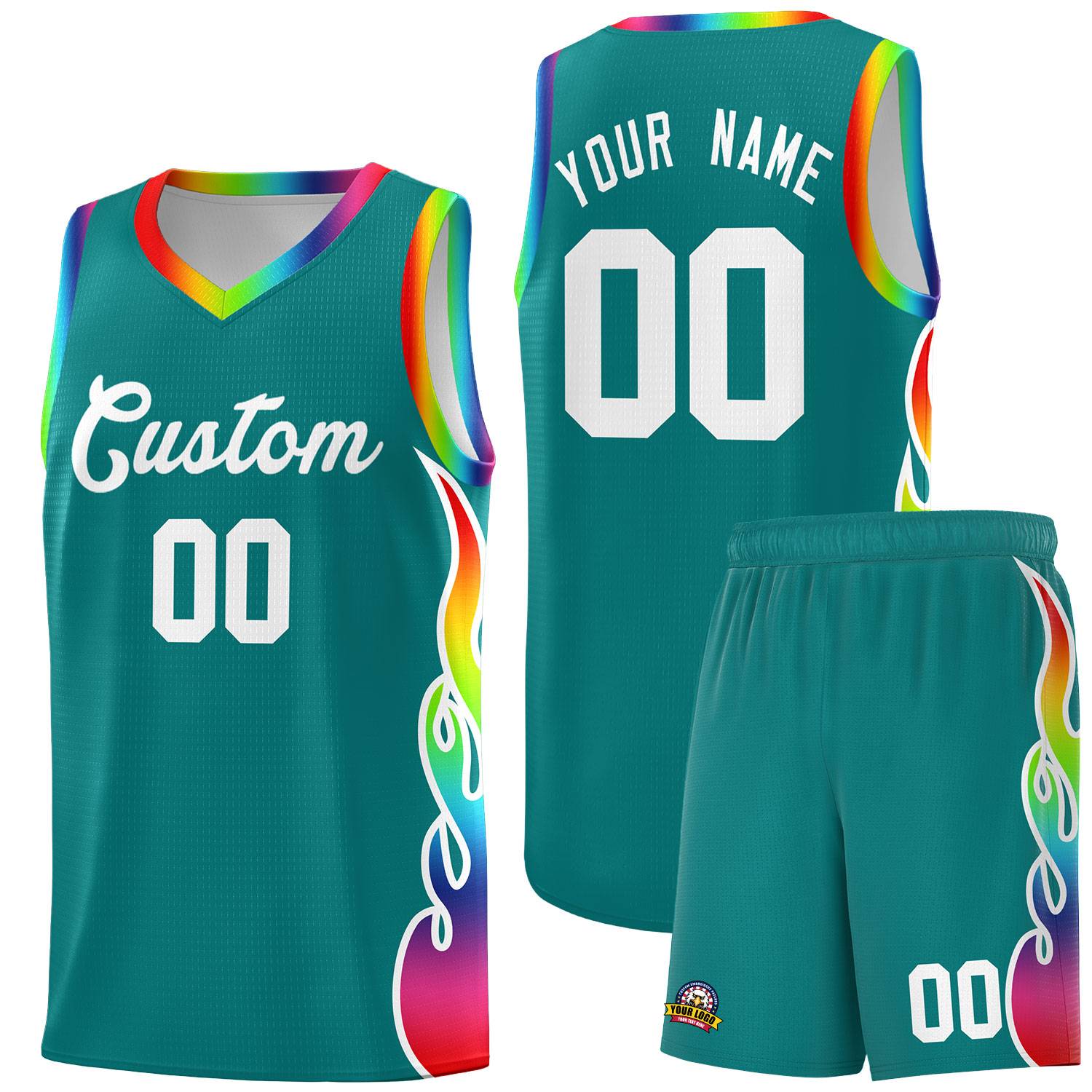 Custom Aqua Side Flame Pattern Fashion Sports Uniform Basketball Jersey