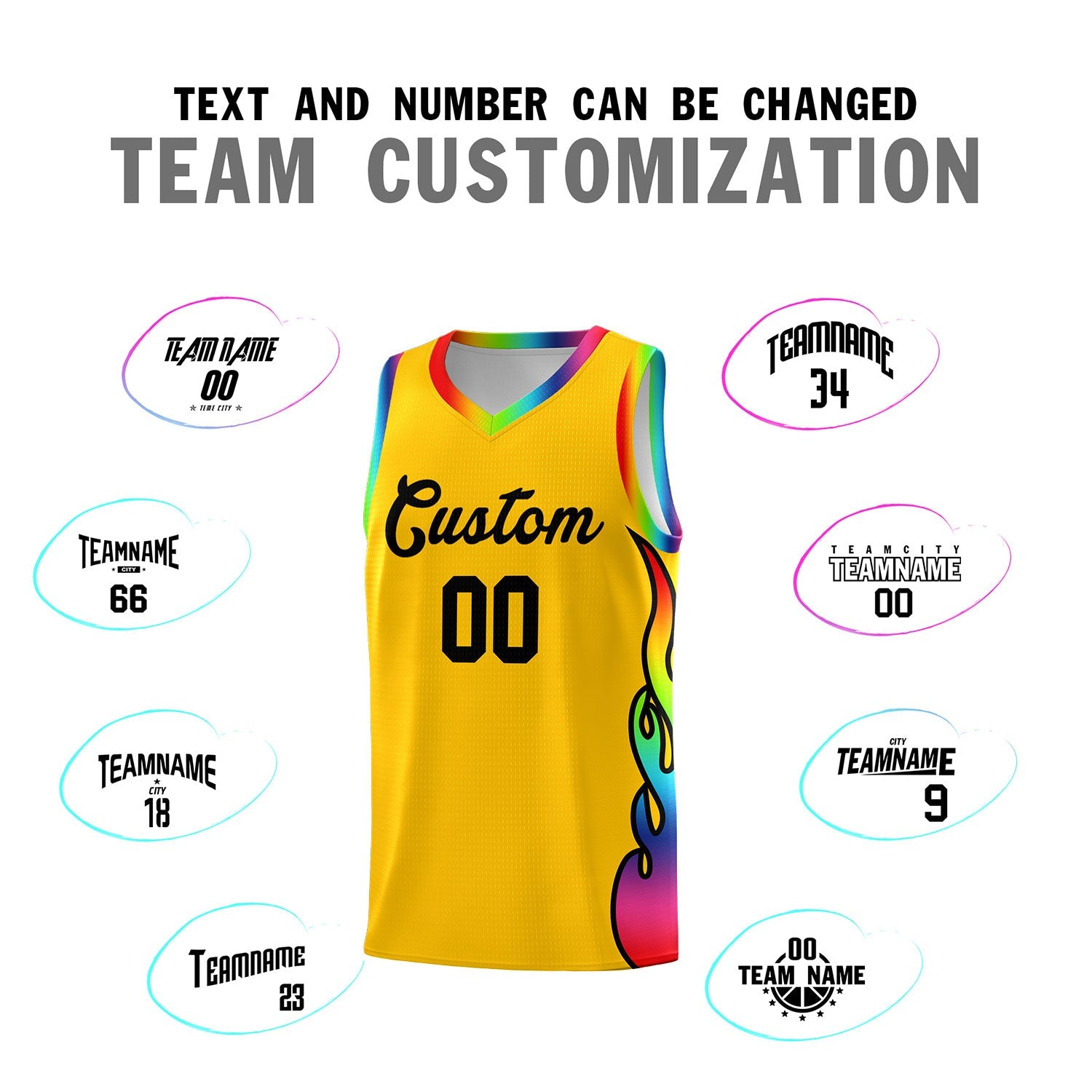 Custom Yellow Side Flame Pattern Fashion Sports Uniform Basketball Jersey