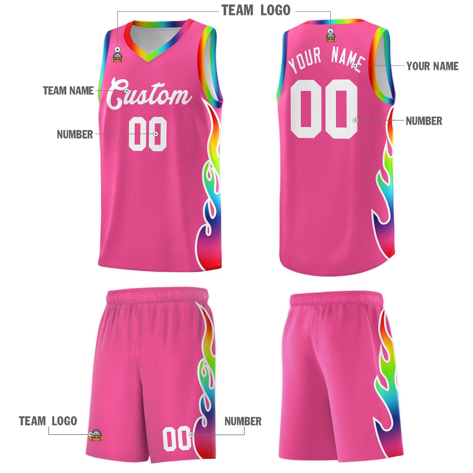 Custom Pink Side Flame Pattern Fashion Sports Uniform Basketball Jersey