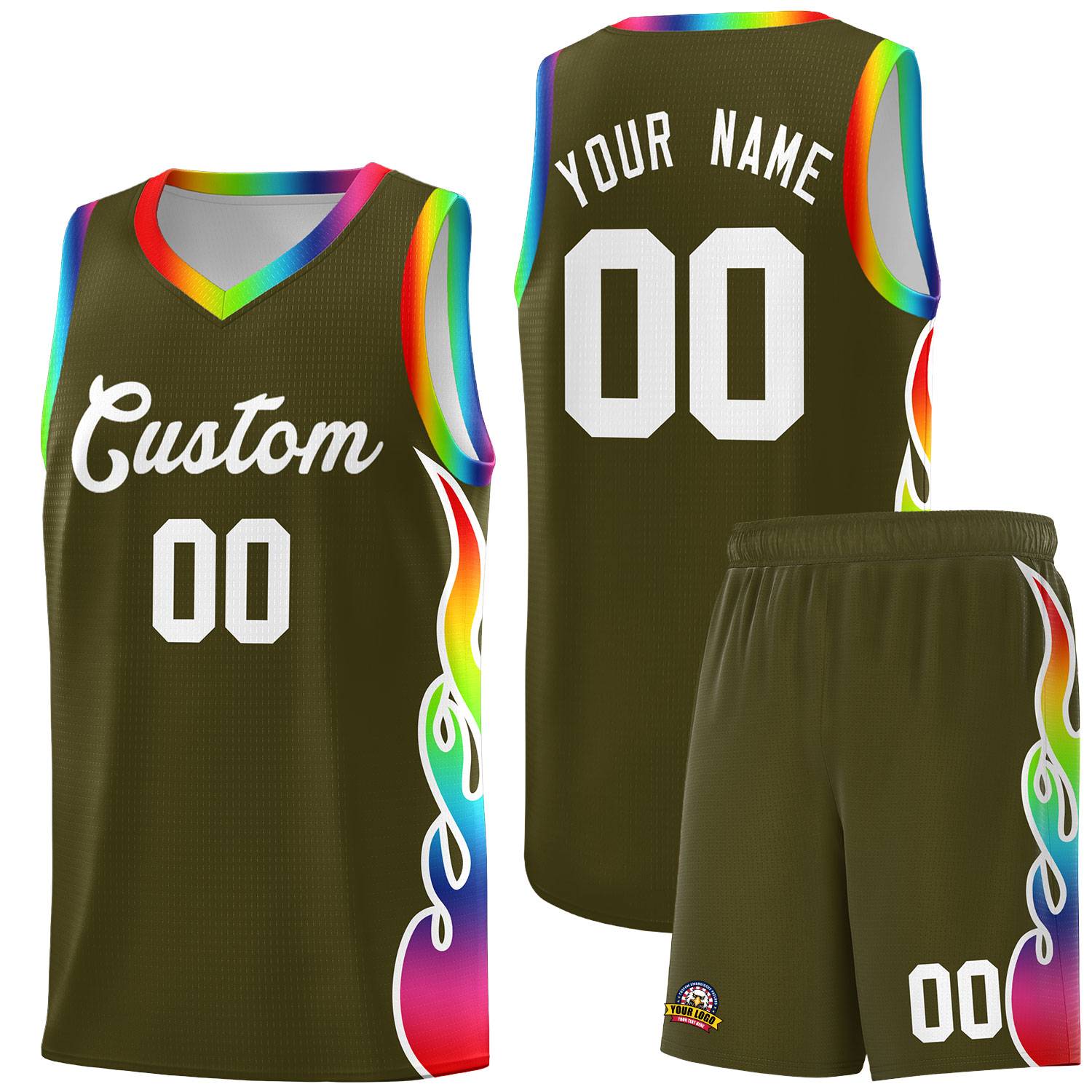 Custom Olive Side Flame Pattern Fashion Sports Uniform Basketball Jersey