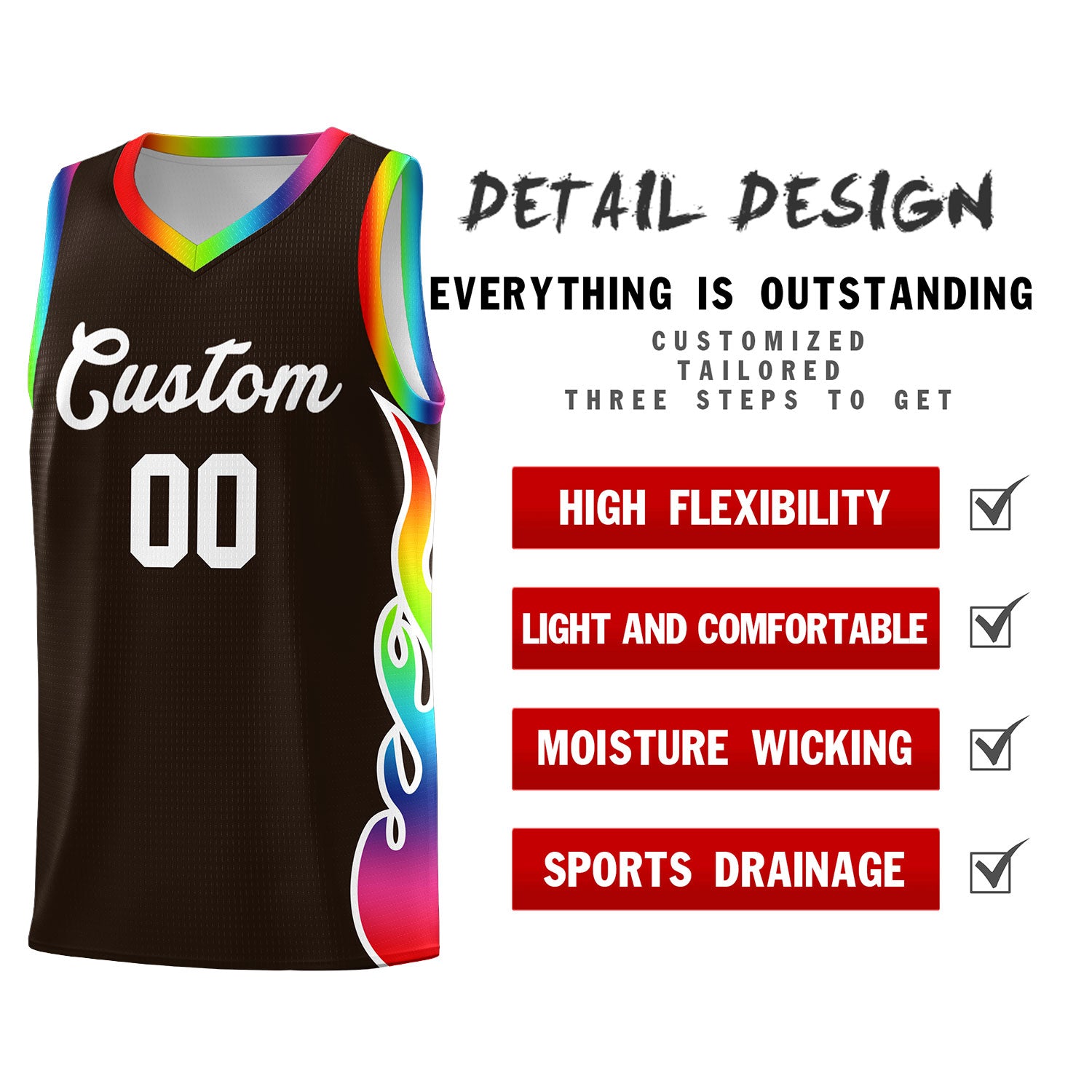Custom Brown Side Flame Pattern Fashion Sports Uniform Basketball Jersey