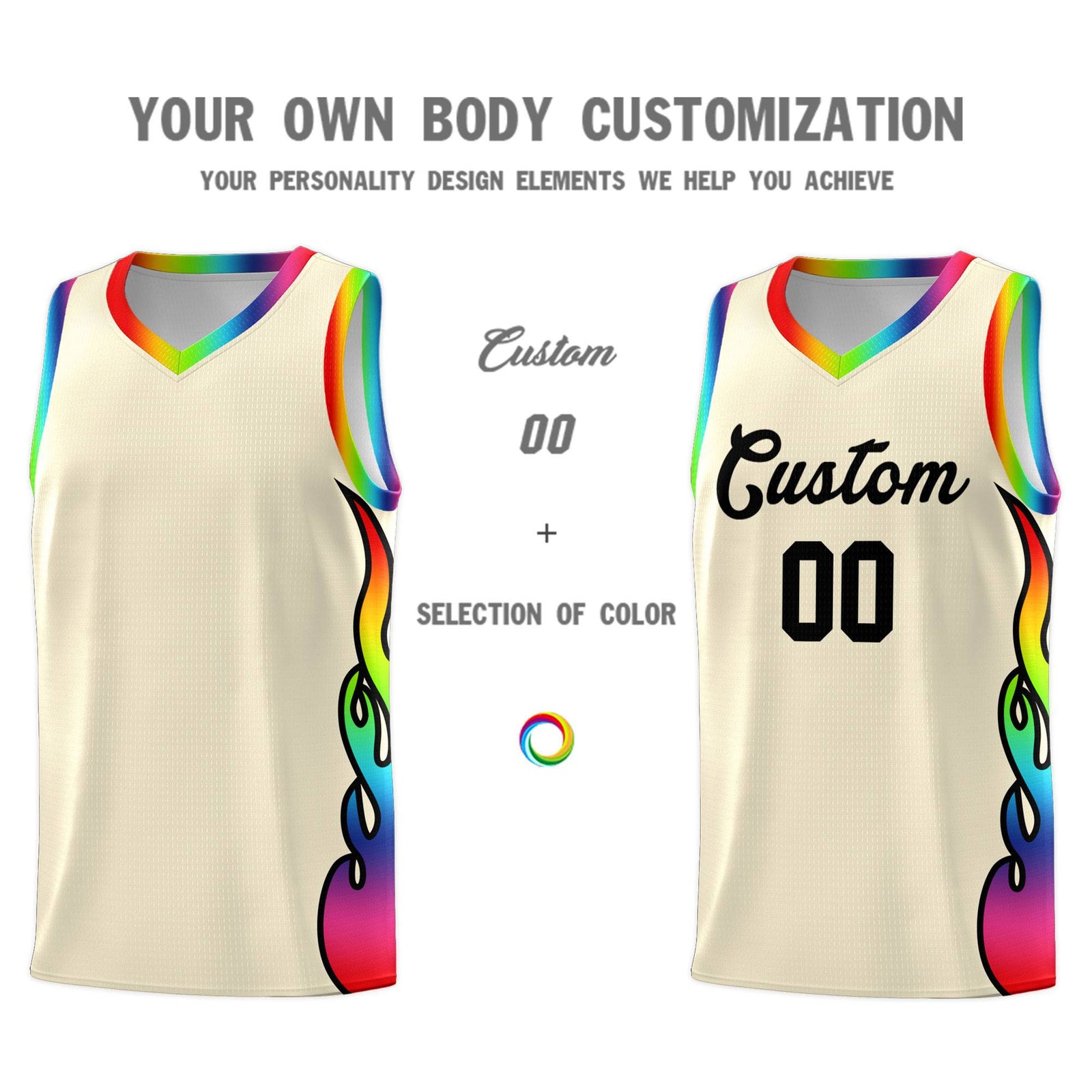 Custom Cream Side Flame Pattern Fashion Sports Uniform Basketball Jersey