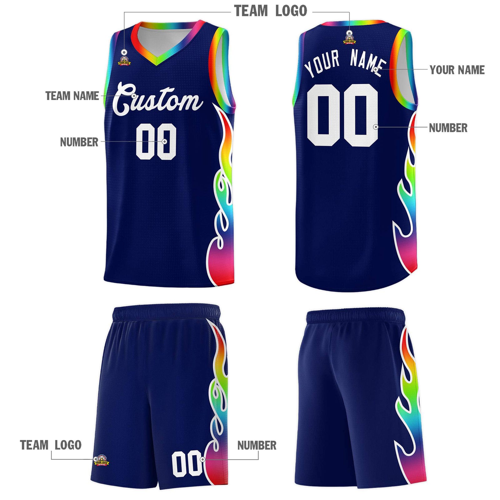 Custom Navy Side Flame Pattern Fashion Sports Uniform Basketball Jersey