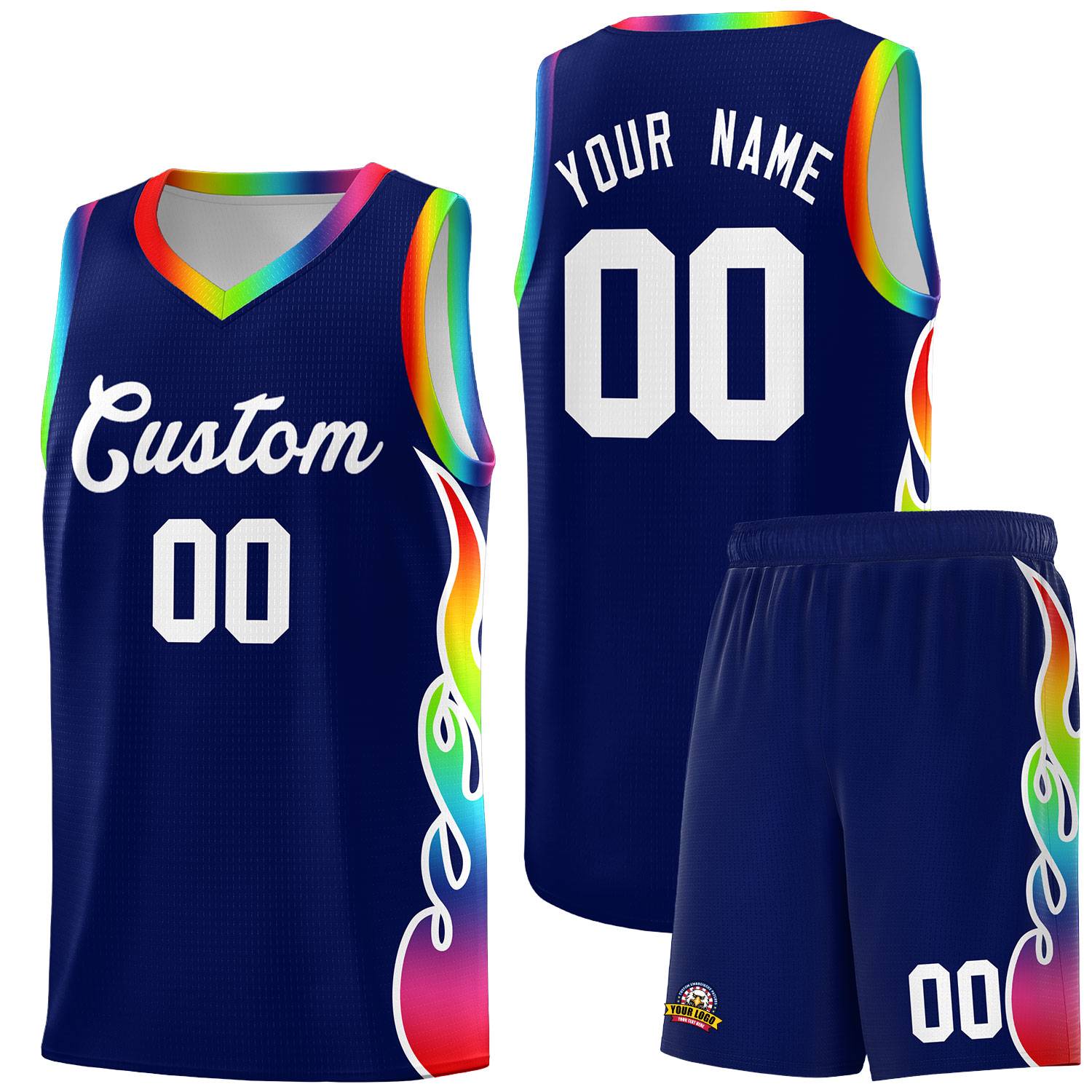 Custom Navy Side Flame Pattern Fashion Sports Uniform Basketball Jersey