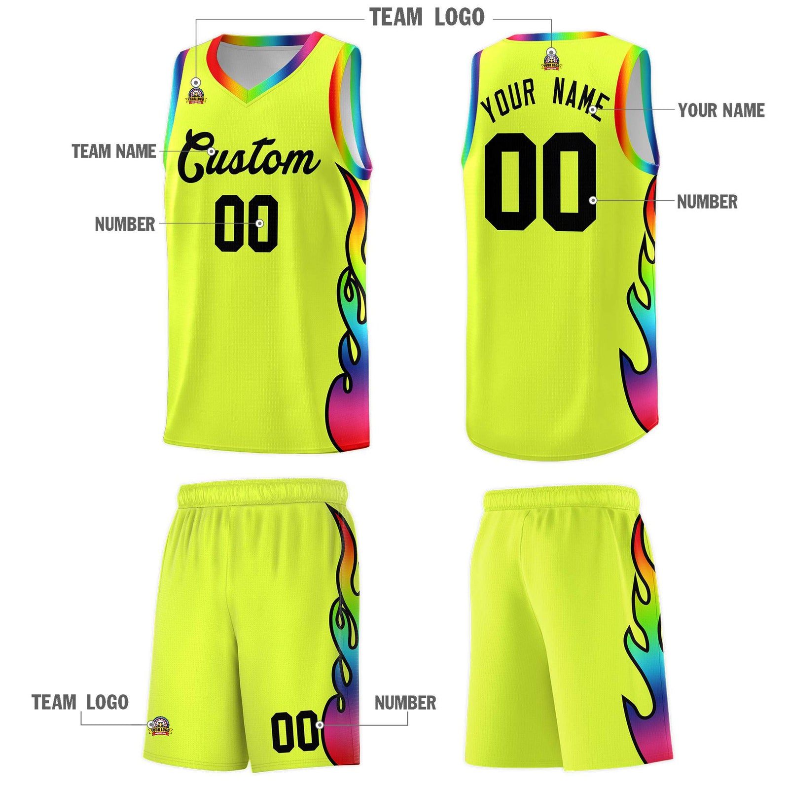 Custom Fluorescent Green Side Flame Pattern Fashion Sports Uniform Basketball Jersey