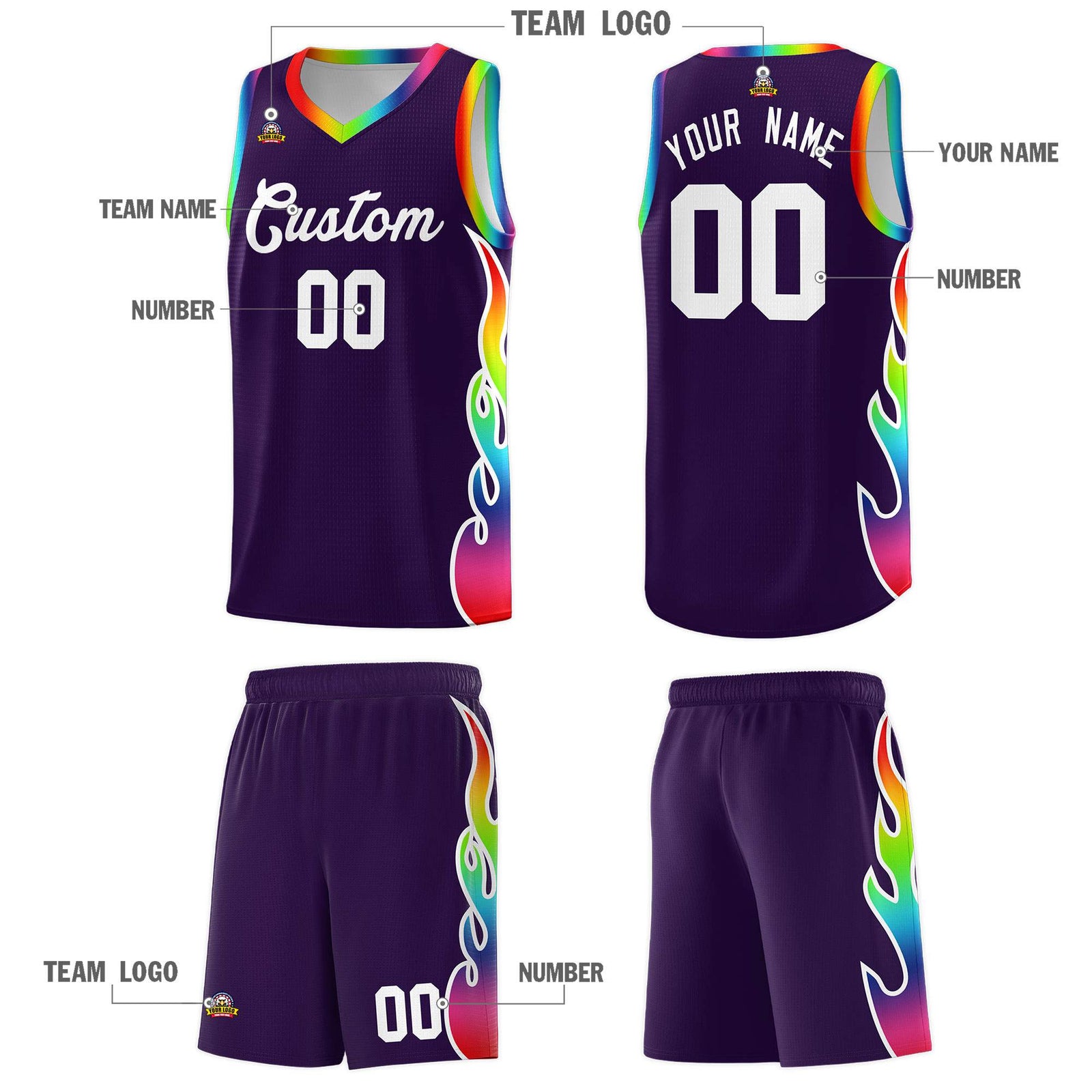 Custom Purple Side Flame Pattern Fashion Sports Uniform Basketball Jersey