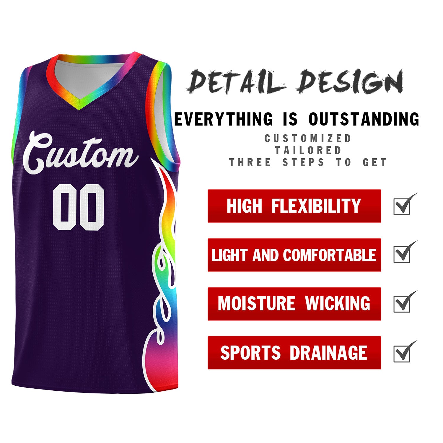 Custom Purple Side Flame Pattern Fashion Sports Uniform Basketball Jersey