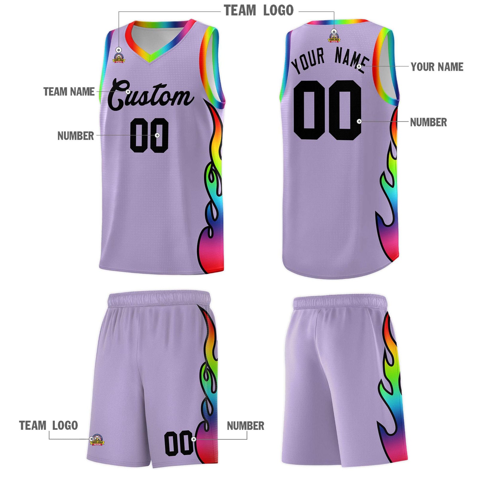 Custom Light Purple Side Flame Pattern Fashion Sports Uniform Basketball Jersey
