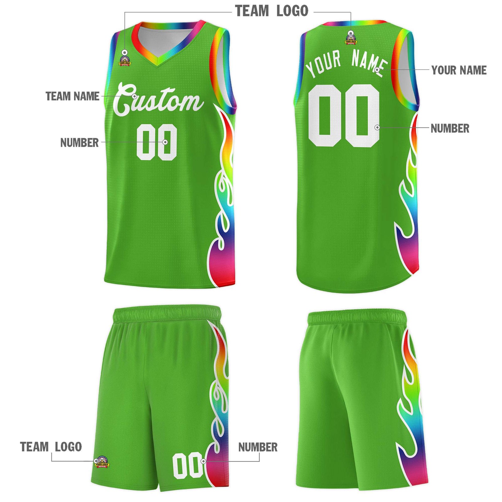 Custom Neon Green Side Flame Pattern Fashion Sports Uniform Basketball Jersey