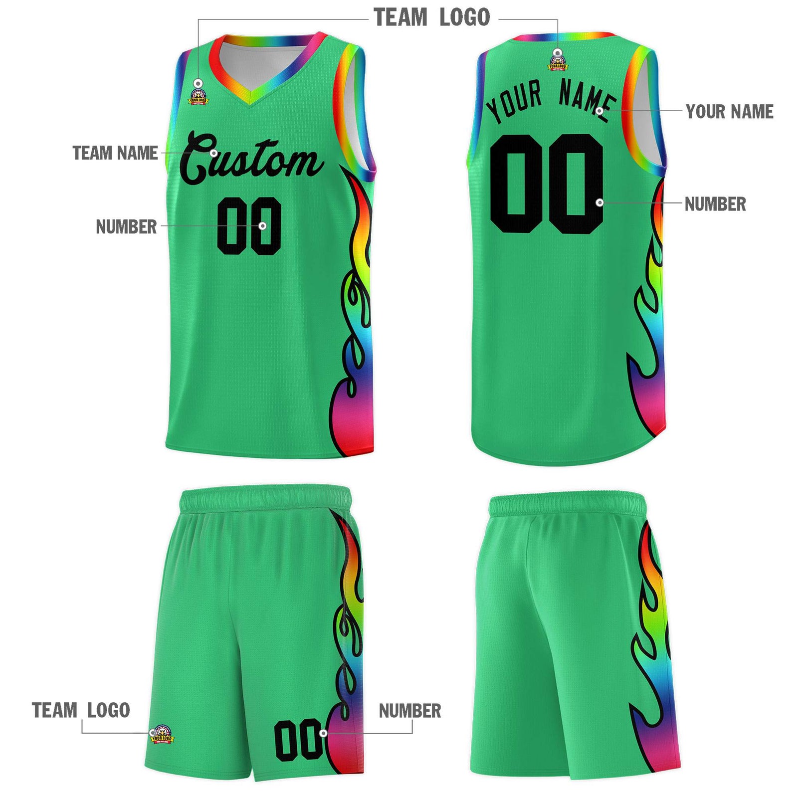 Custom Kelly Green Side Flame Pattern Fashion Sports Uniform Basketball Jersey