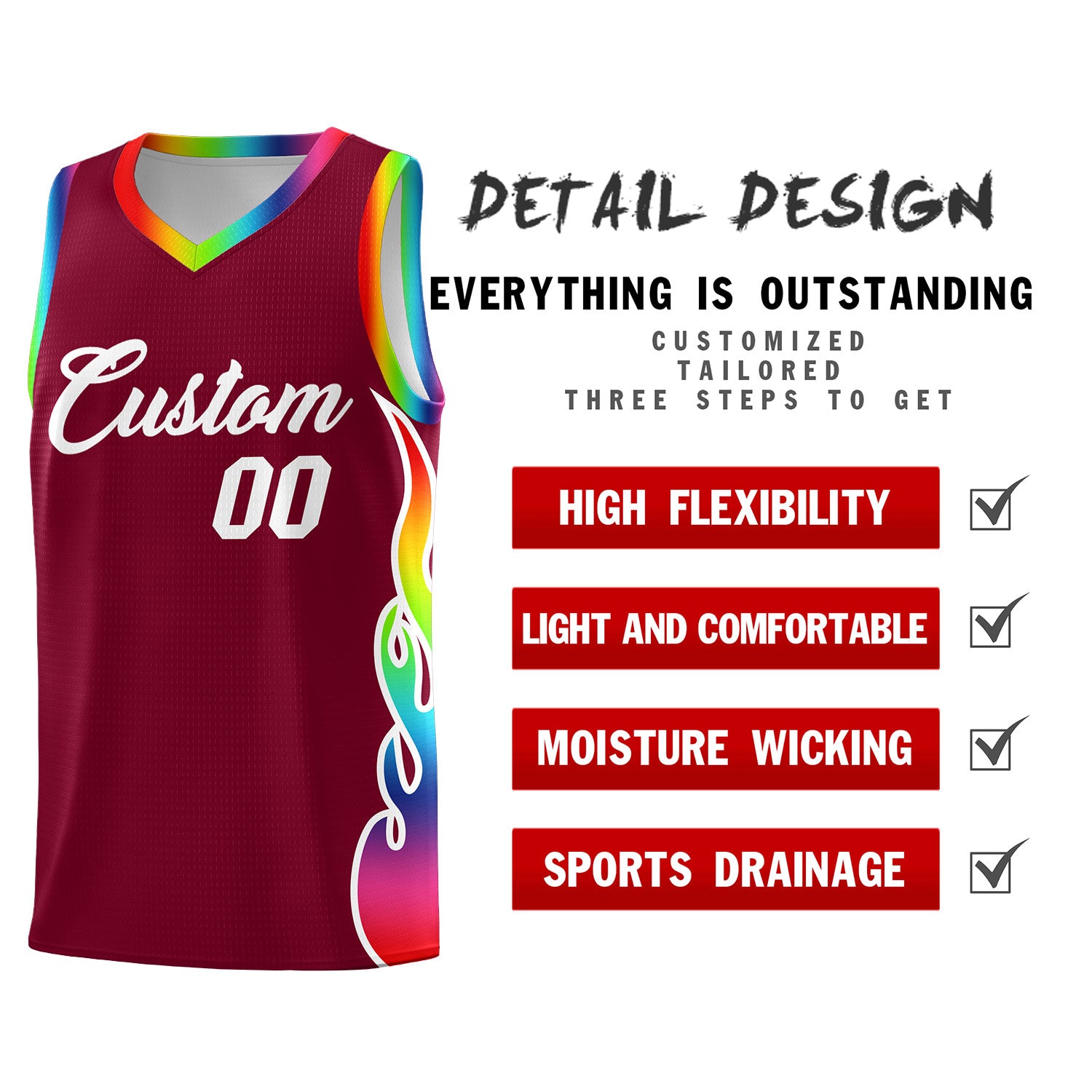 Custom Crimson Side Flame Pattern Fashion Sports Uniform Basketball Jersey