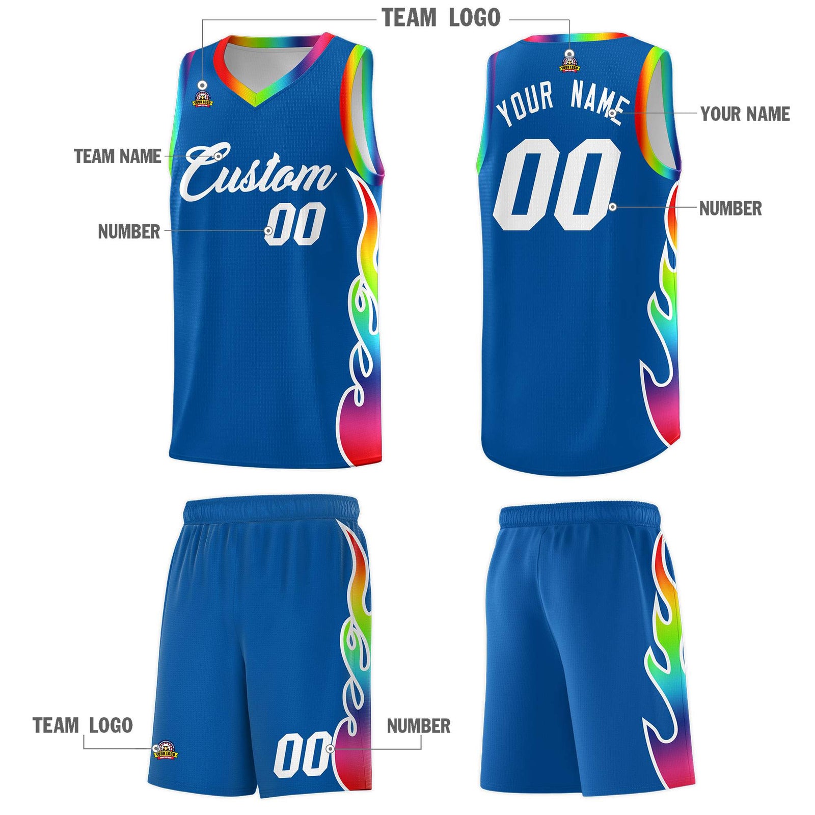 Custom Royal Side Flame Pattern Fashion Sports Uniform Basketball Jersey
