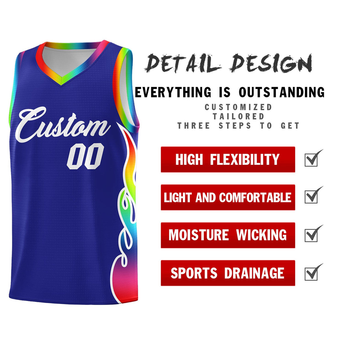 Custom Royal Side Flame Pattern Fashion Sports Uniform Basketball Jersey