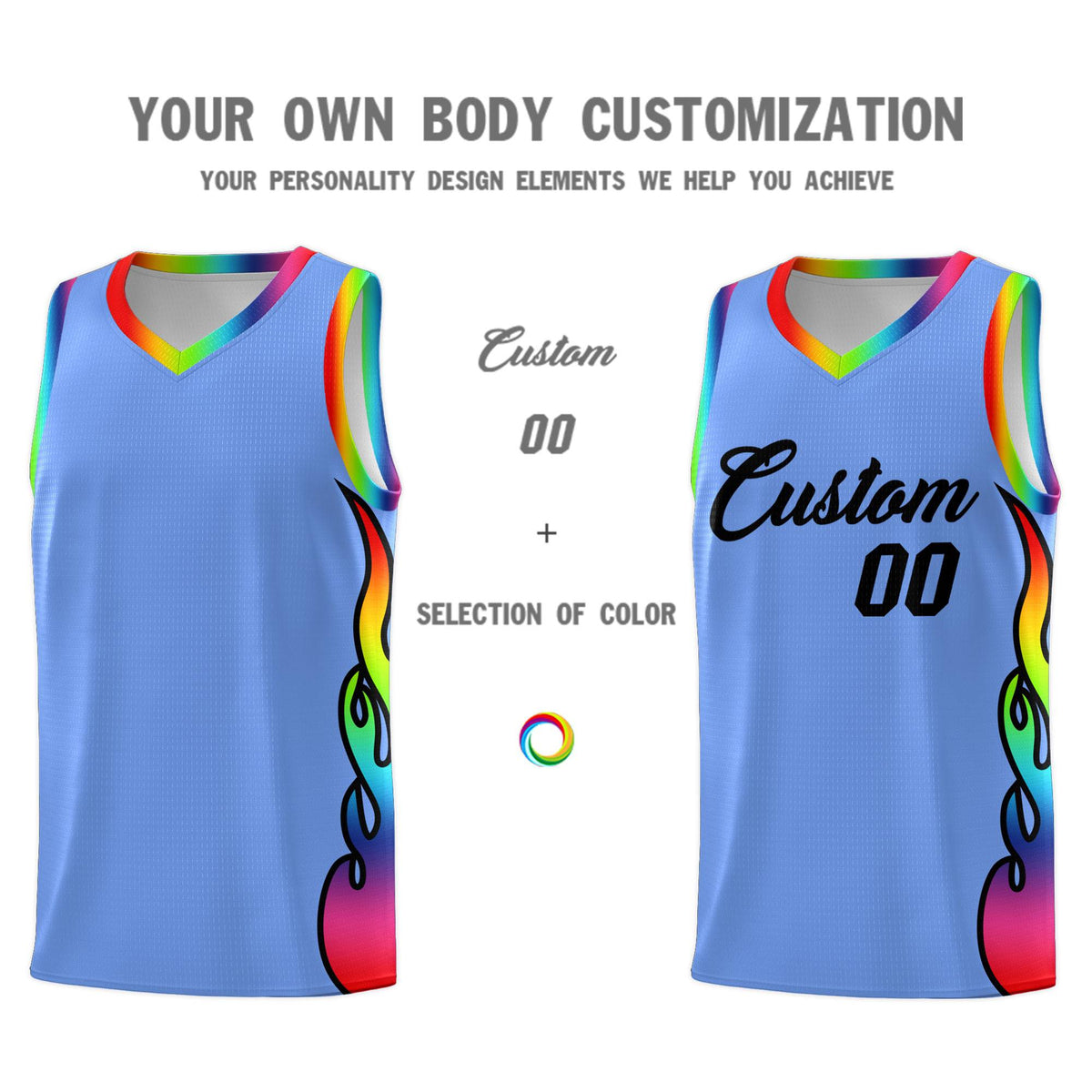 Custom Light Blue Side Flame Pattern Fashion Sports Uniform Basketball Jersey