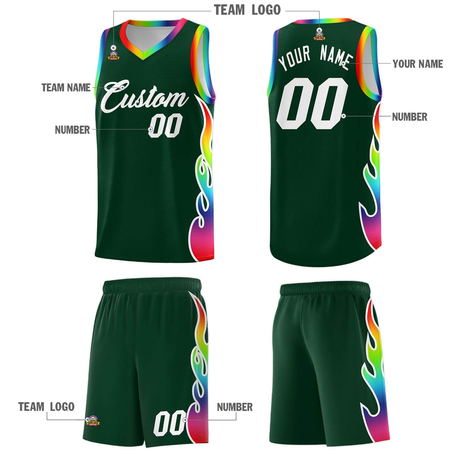 Custom Hunter Green Side Flame Pattern Fashion Sports Uniform Basketball Jersey