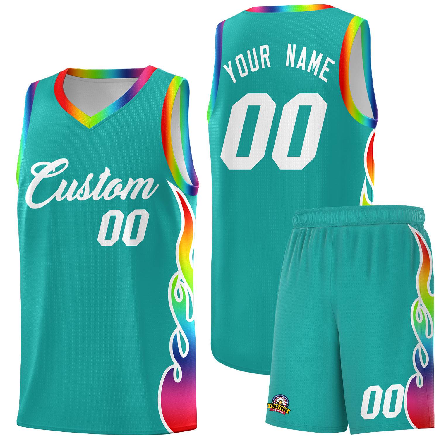 Custom Aqua Side Flame Pattern Fashion Sports Uniform Basketball Jersey