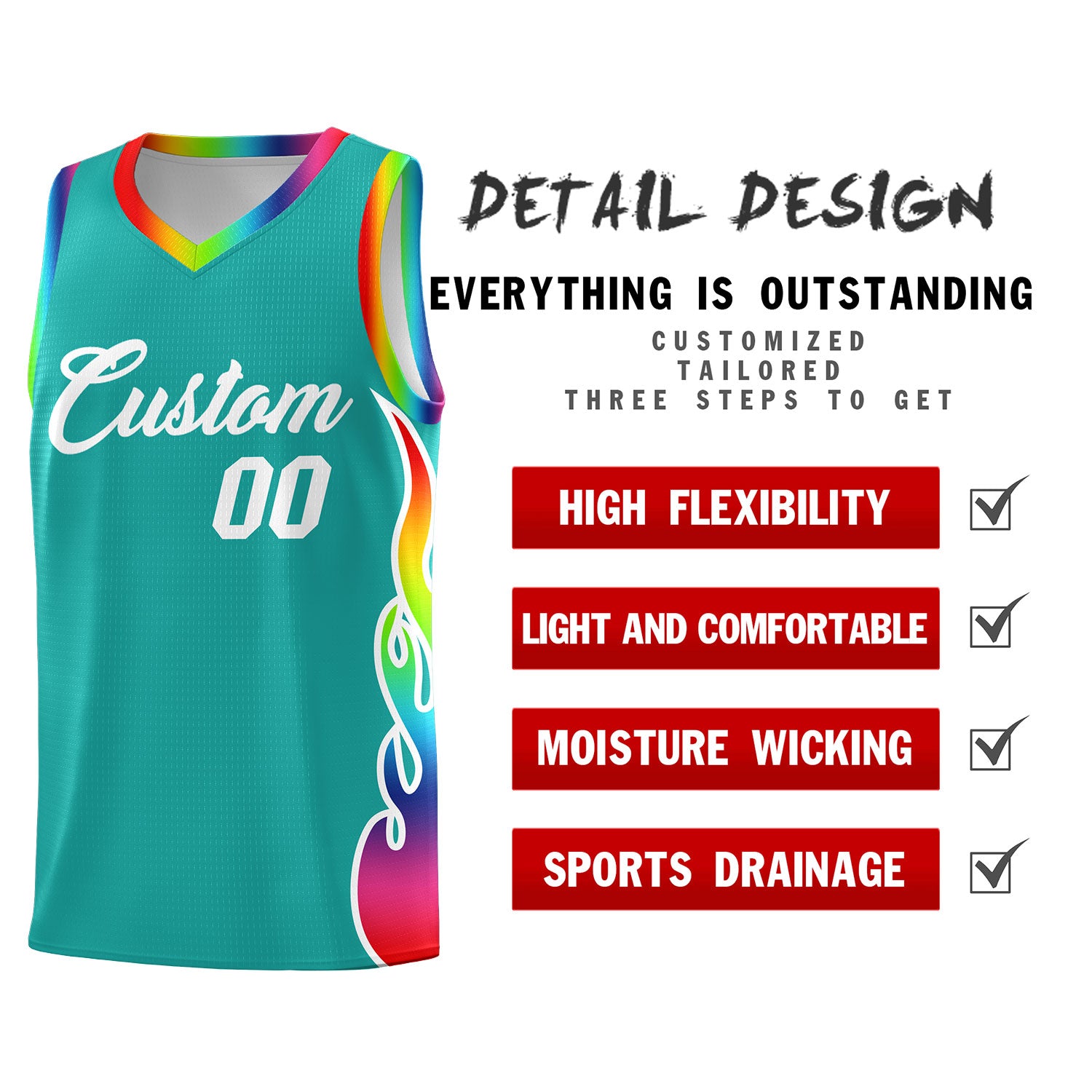 Custom Aqua Side Flame Pattern Fashion Sports Uniform Basketball Jersey