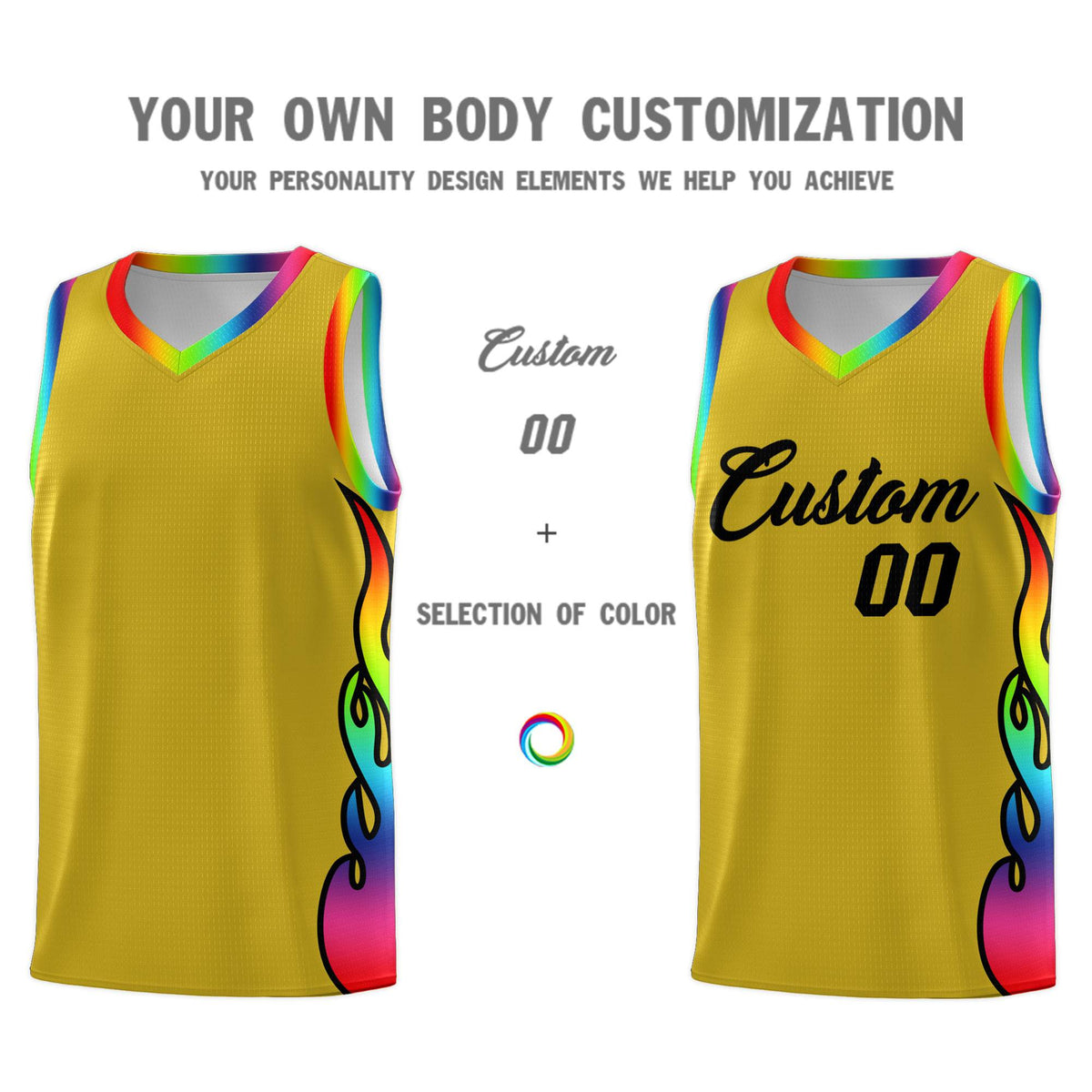 Custom Old Gold Side Flame Pattern Fashion Sports Uniform Basketball Jersey