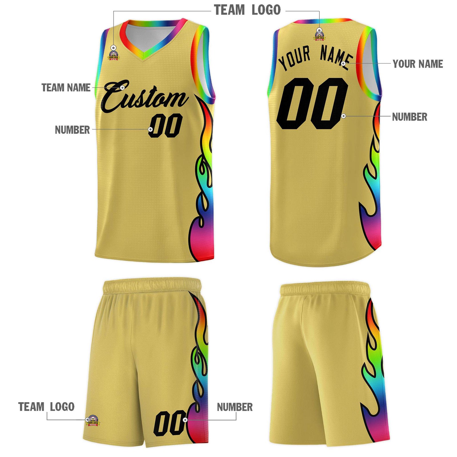 Custom Old Gold Side Flame Pattern Fashion Sports Uniform Basketball Jersey