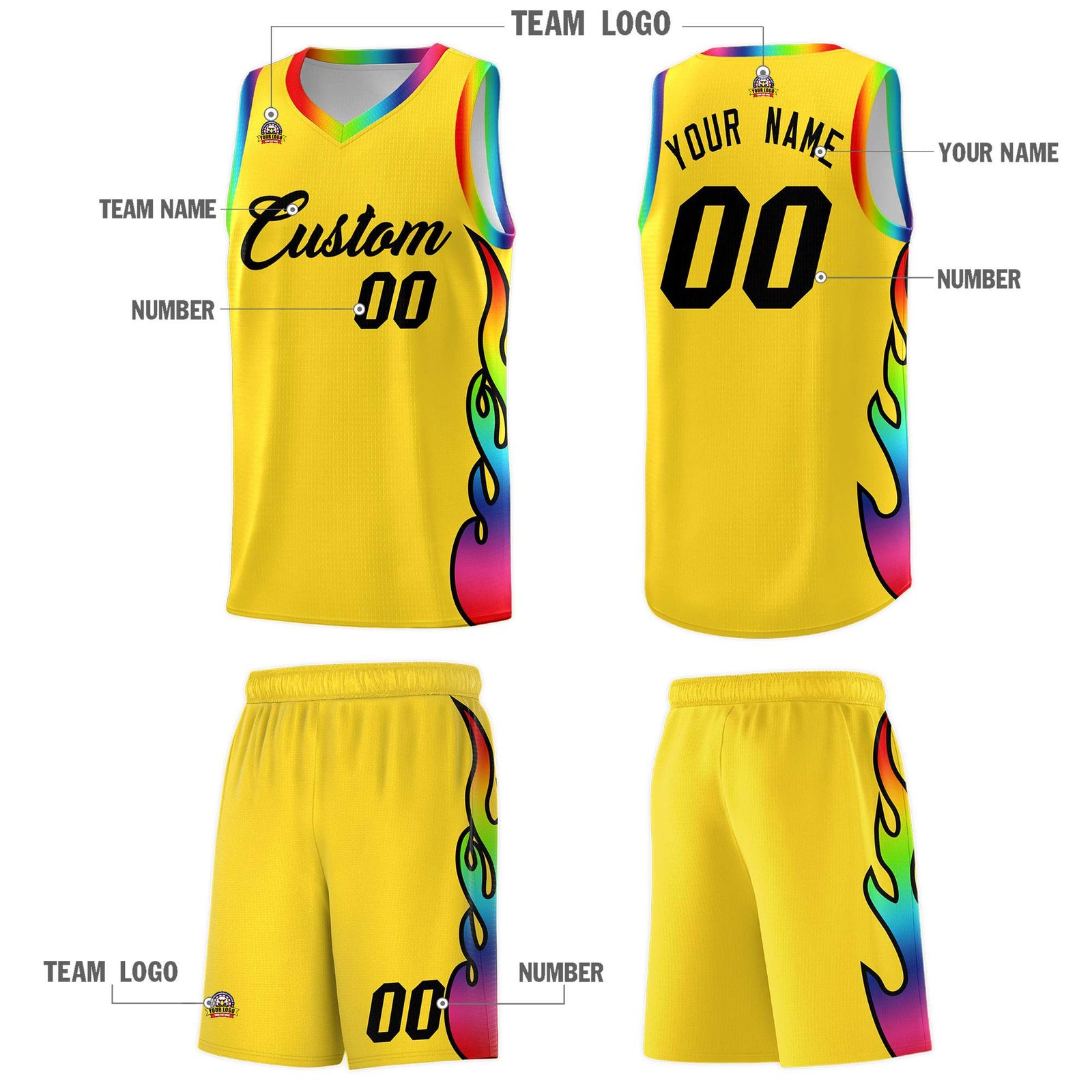 Custom Gold Side Flame Pattern Fashion Sports Uniform Basketball Jersey