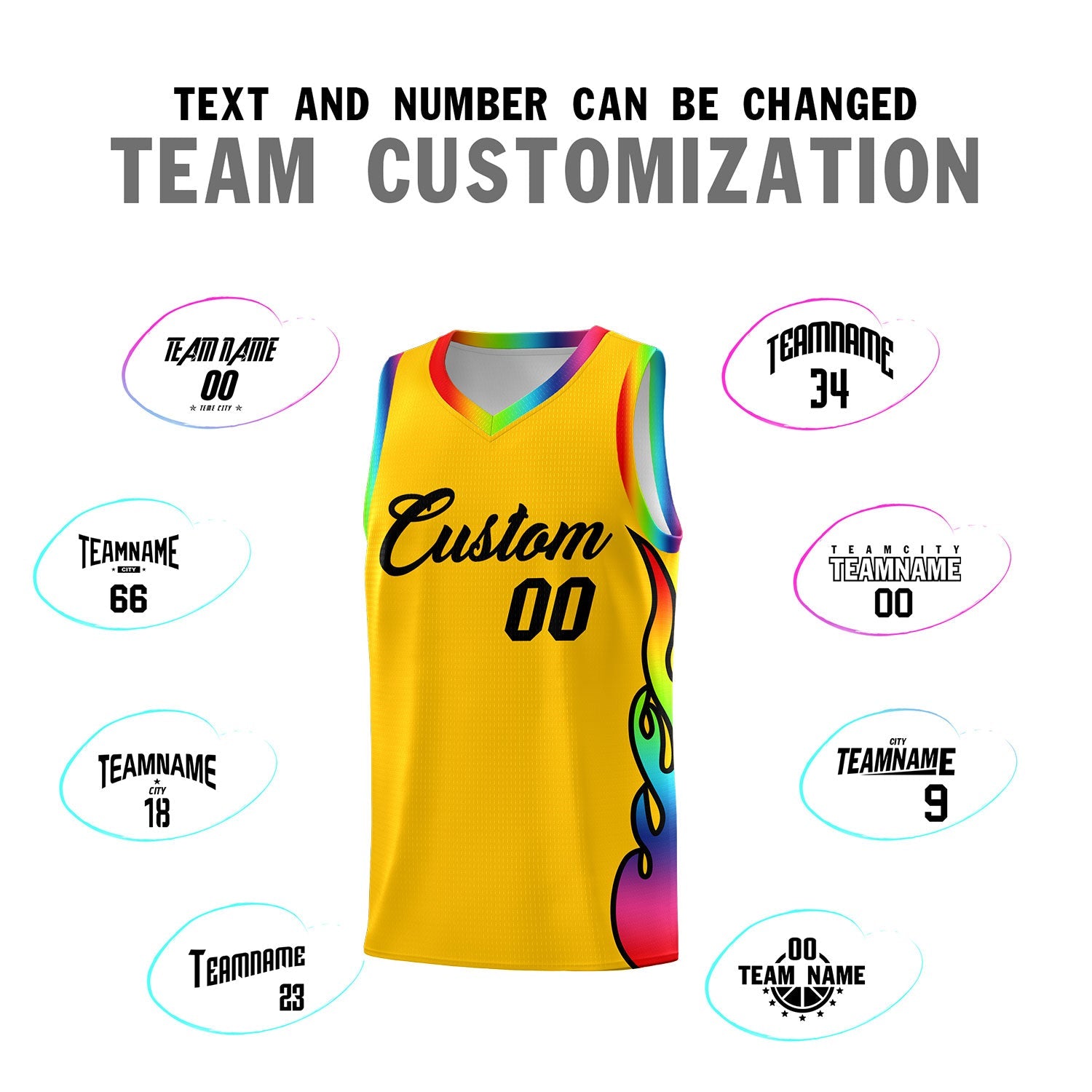 Custom Yellow Side Flame Pattern Fashion Sports Uniform Basketball Jersey