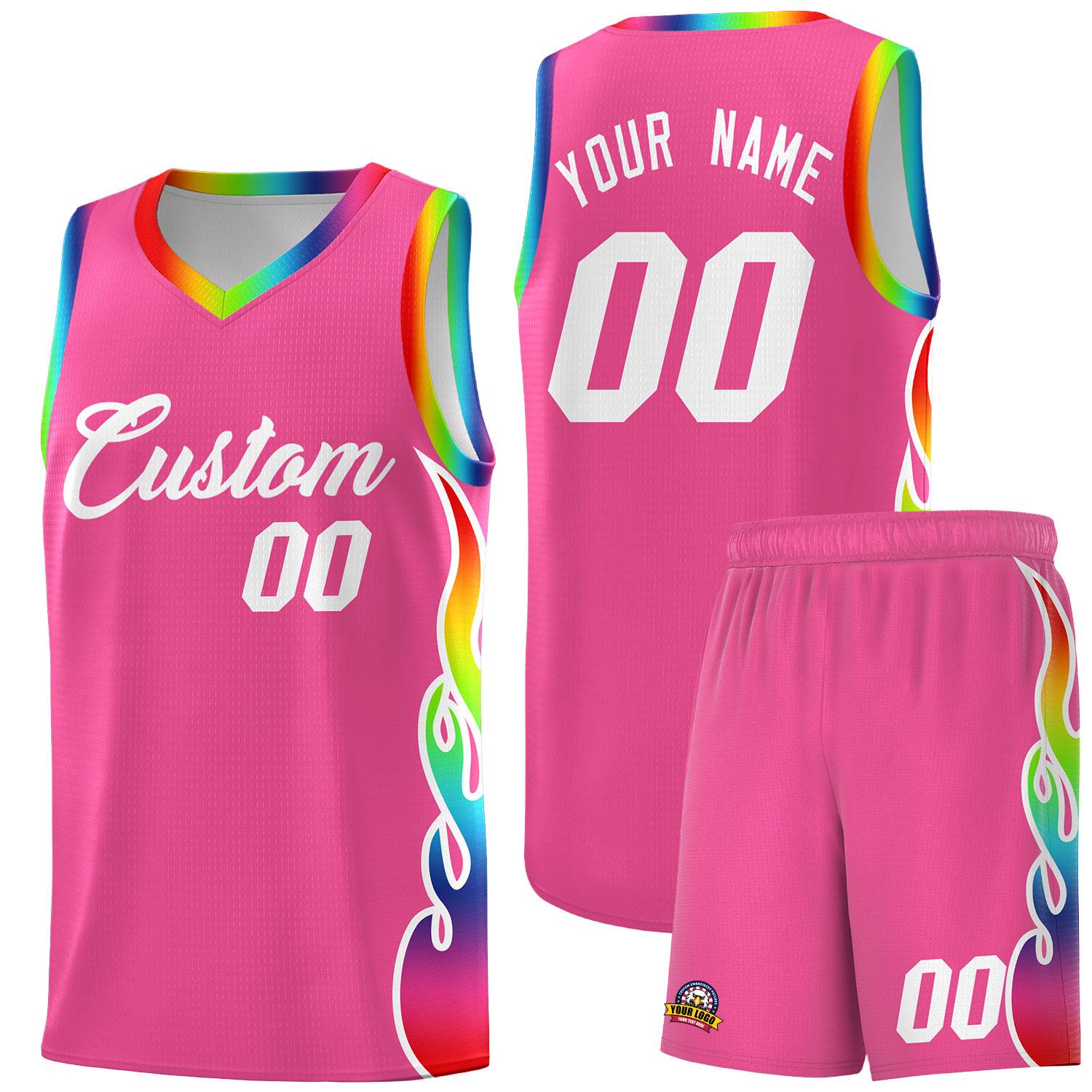 Custom Pink Side Flame Pattern Fashion Sports Uniform Basketball Jersey