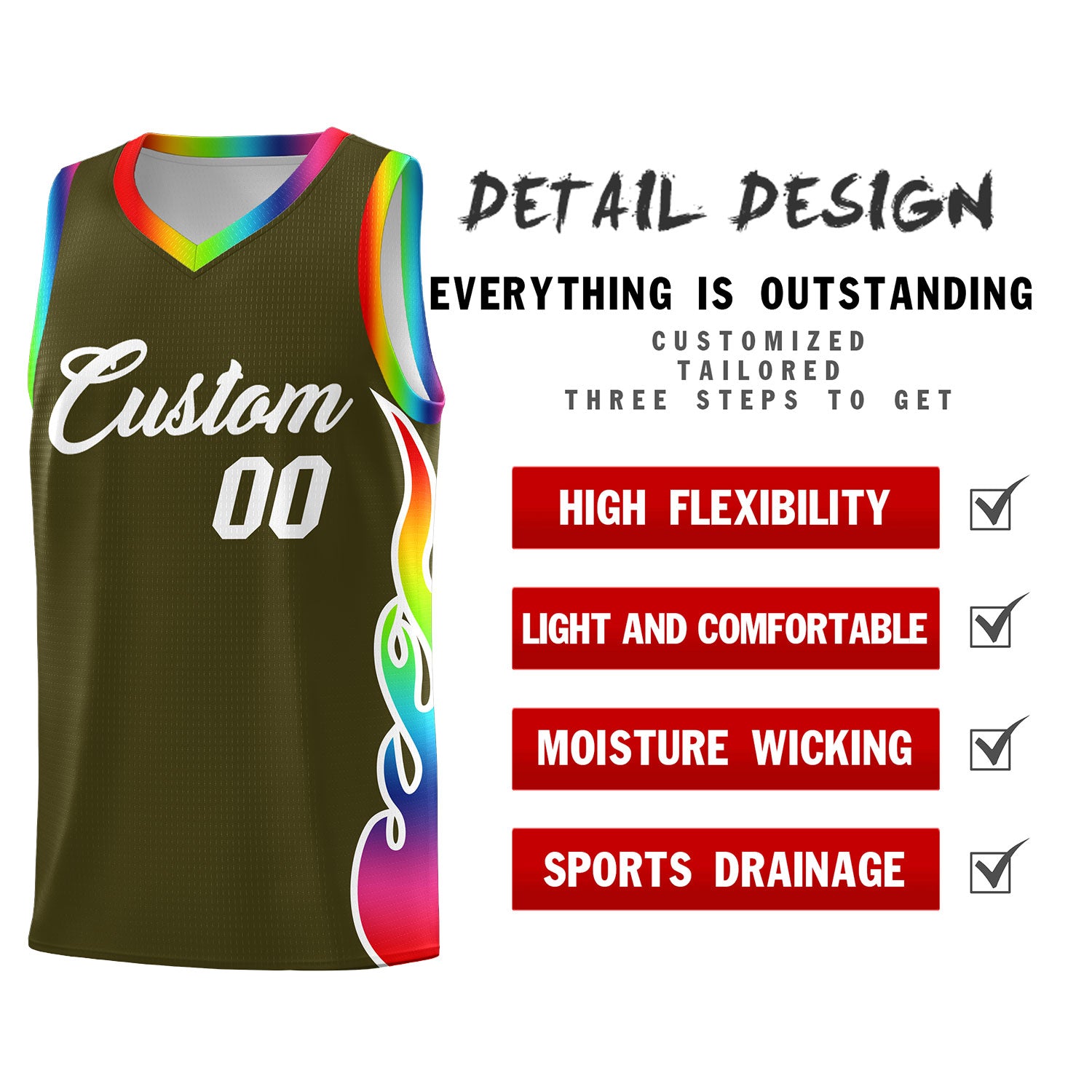 Custom Olive Side Flame Pattern Fashion Sports Uniform Basketball Jersey