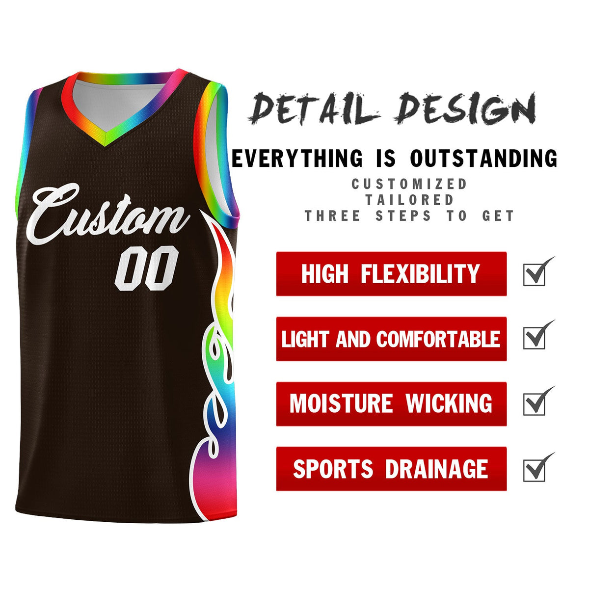 Custom Brown Side Flame Pattern Fashion Sports Uniform Basketball Jersey