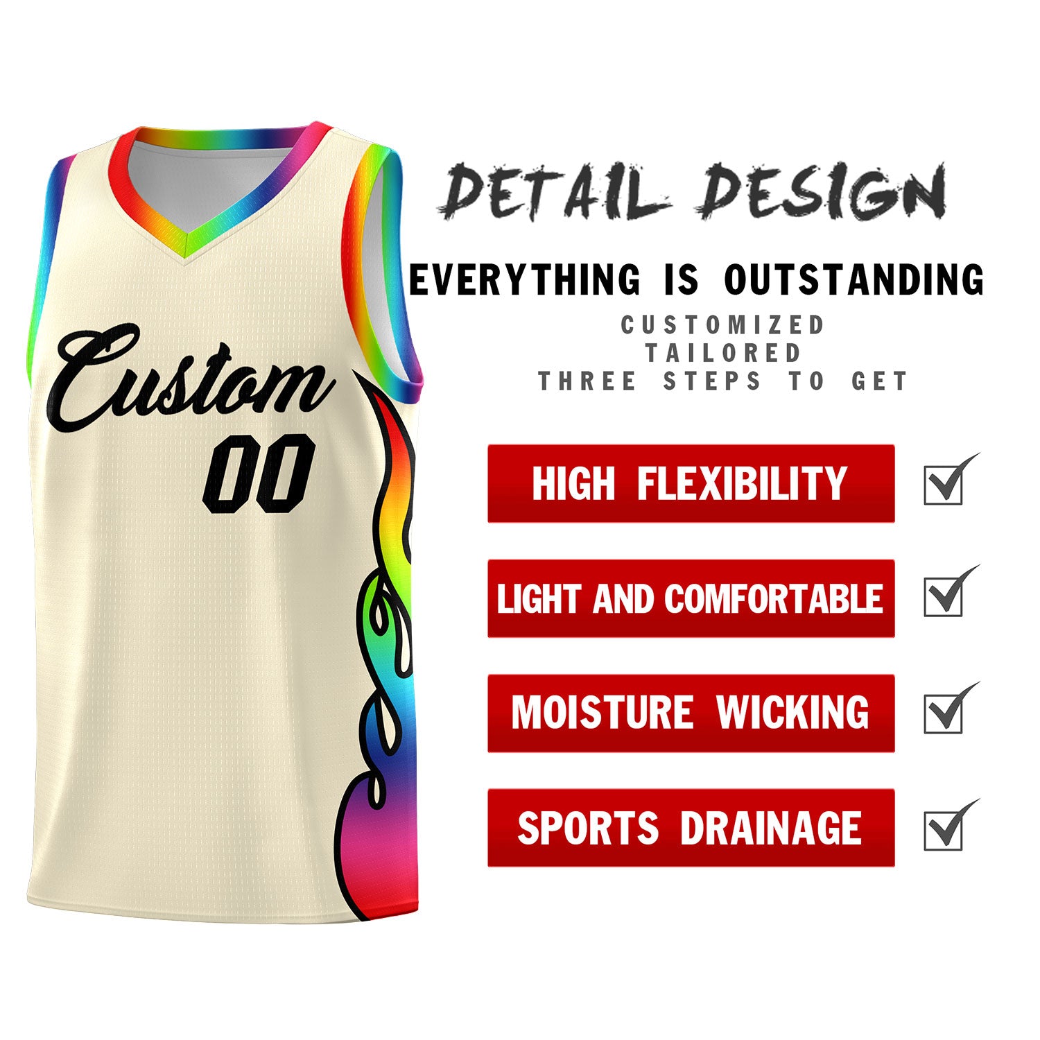 Custom Cream Side Flame Pattern Fashion Sports Uniform Basketball Jersey