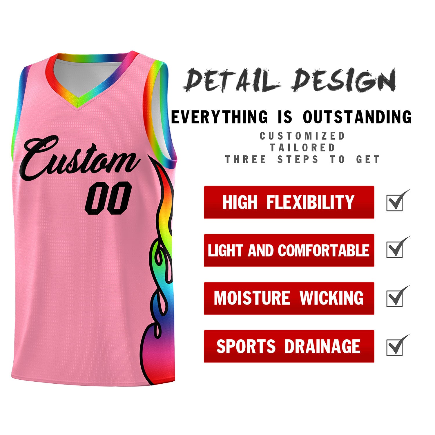 Custom Light Pink Side Flame Pattern Fashion Sports Uniform Basketball Jersey