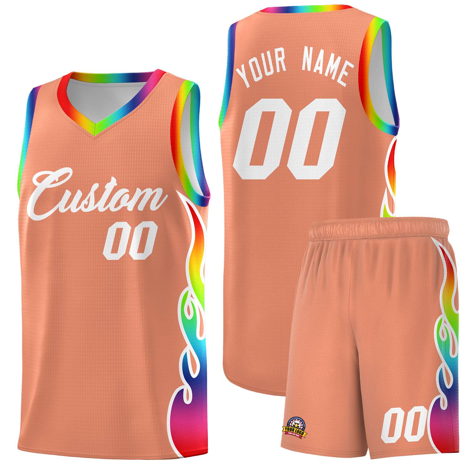 Custom Light Orange Side Flame Pattern Fashion Sports Uniform Basketball Jersey