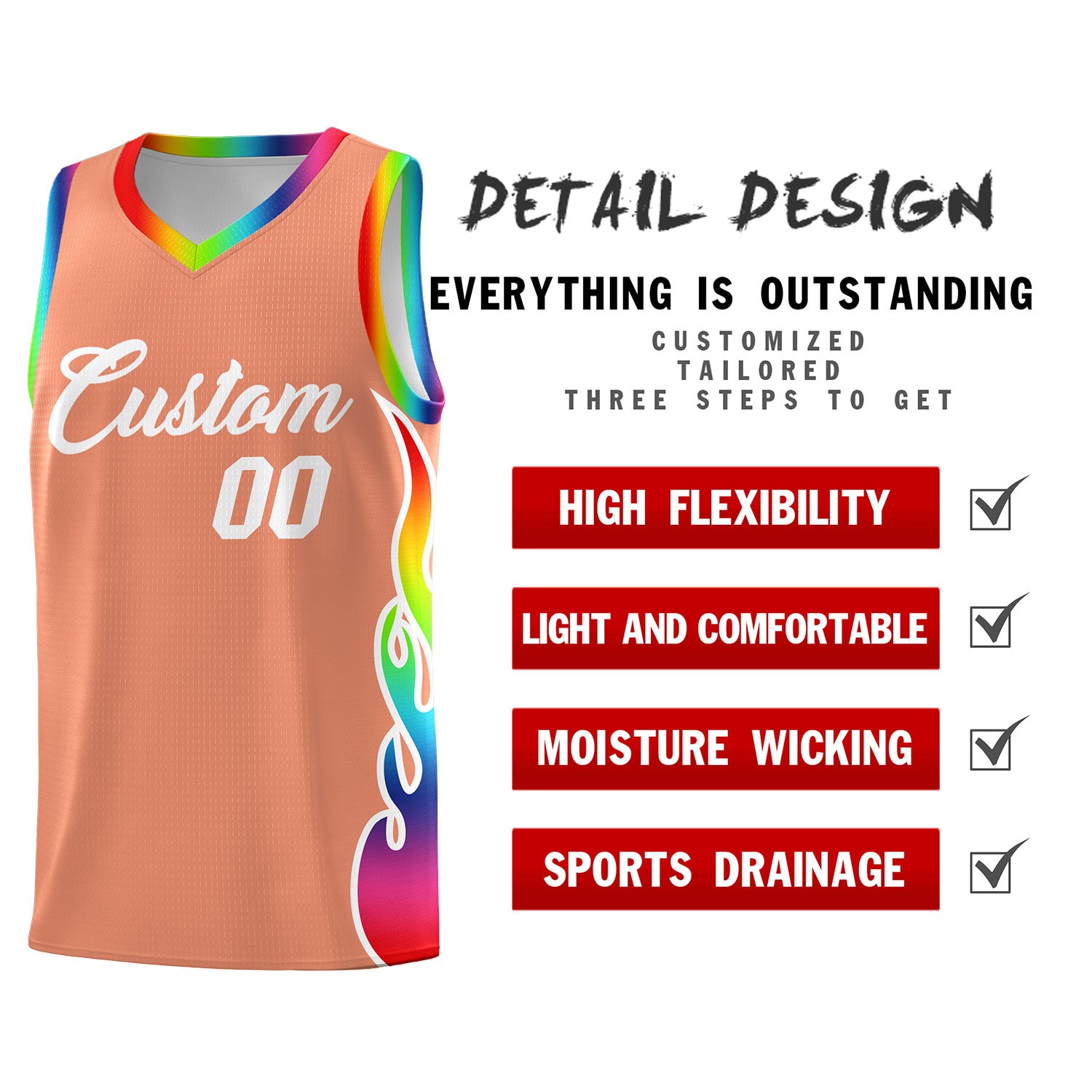 Custom Light Orange Side Flame Pattern Fashion Sports Uniform Basketball Jersey
