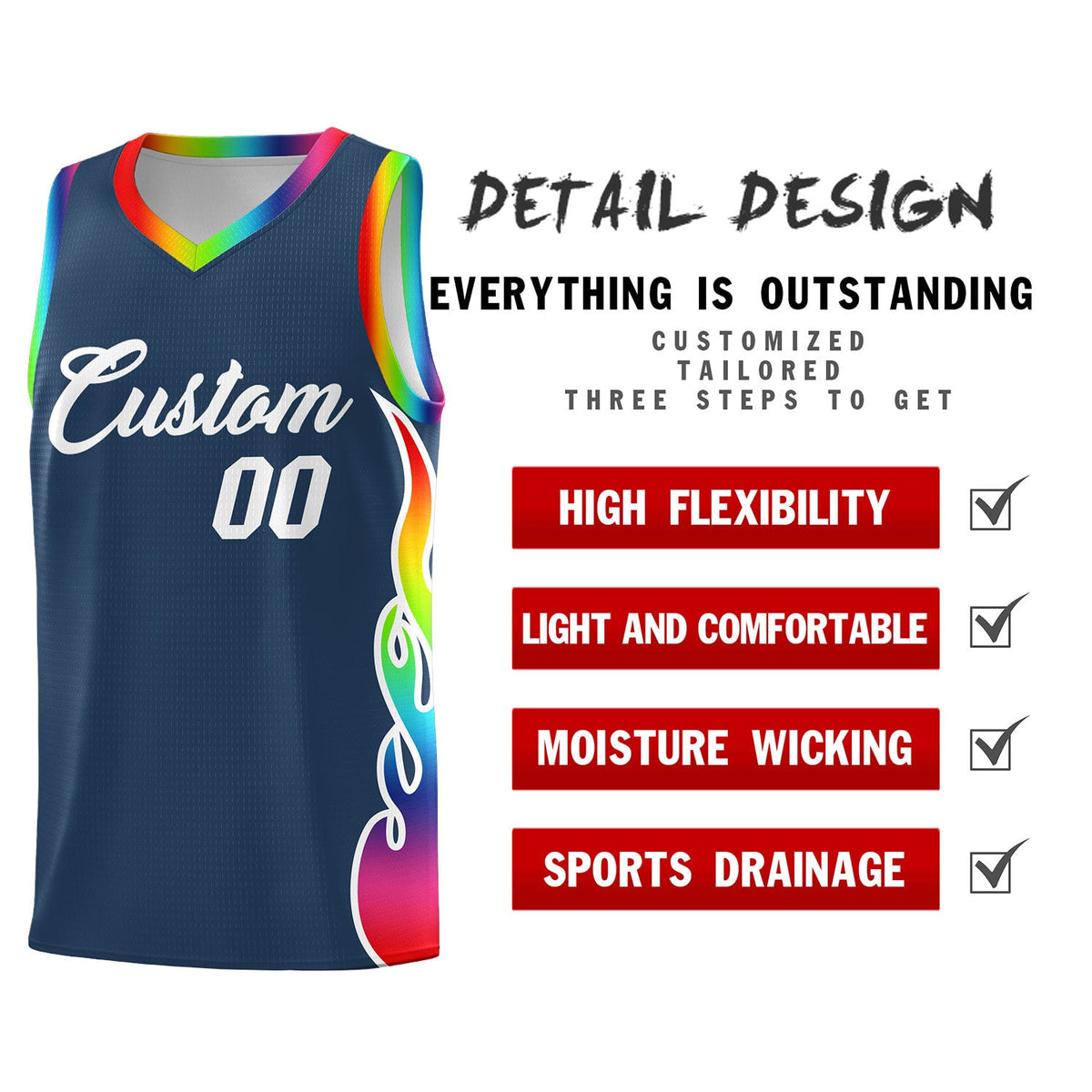 Custom Midnight Blue Side Flame Pattern Fashion Sports Uniform Basketball Jersey