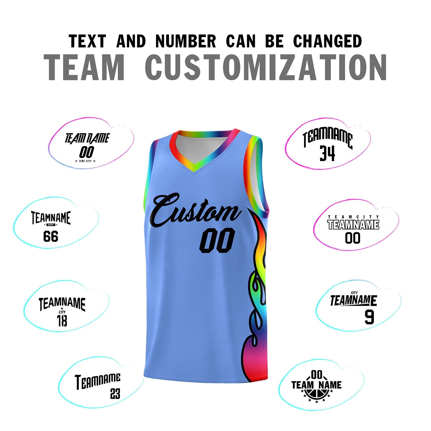 Custom Light Blue Side Flame Pattern Fashion Sports Uniform Basketball Jersey