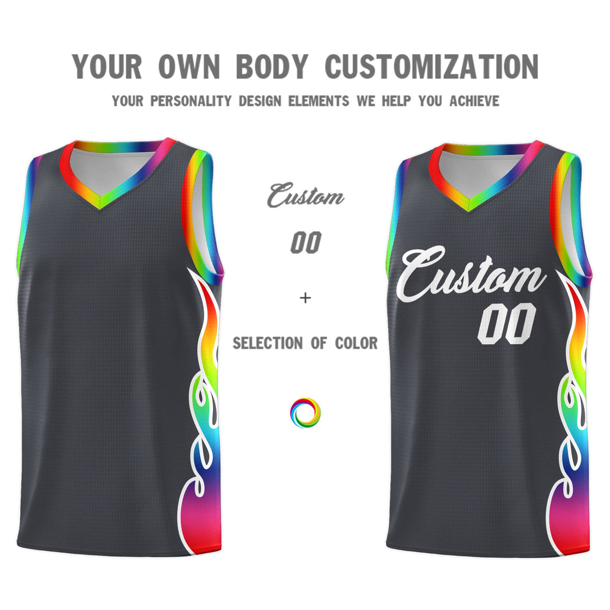 Custom Dark Gray Side Flame Pattern Fashion Sports Uniform Basketball Jersey