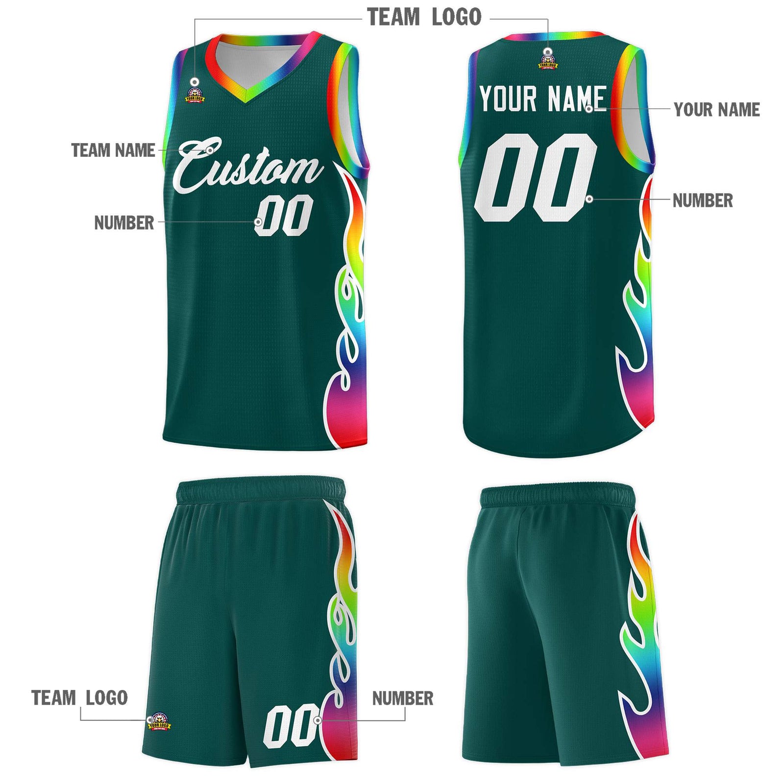 Custom Midnight Green Side Flame Pattern Fashion Sports Uniform Basketball Jersey